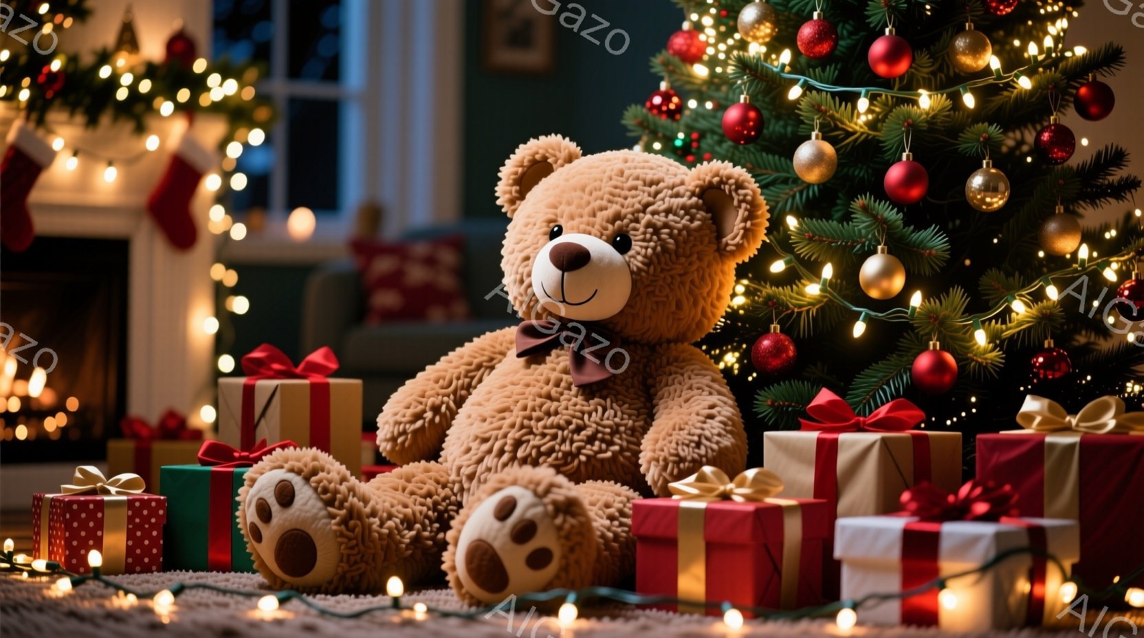 暖炉のそばに置かれた大きなテディベアが、プレゼントの山に囲まれて座っています。ベアは茶色のリボンで結ばれており、優しい表情をしています。背景には、クリスマスツリーが飾られ、温かい光が灯り、祝祭の雰囲気 - AI生成フリー素材