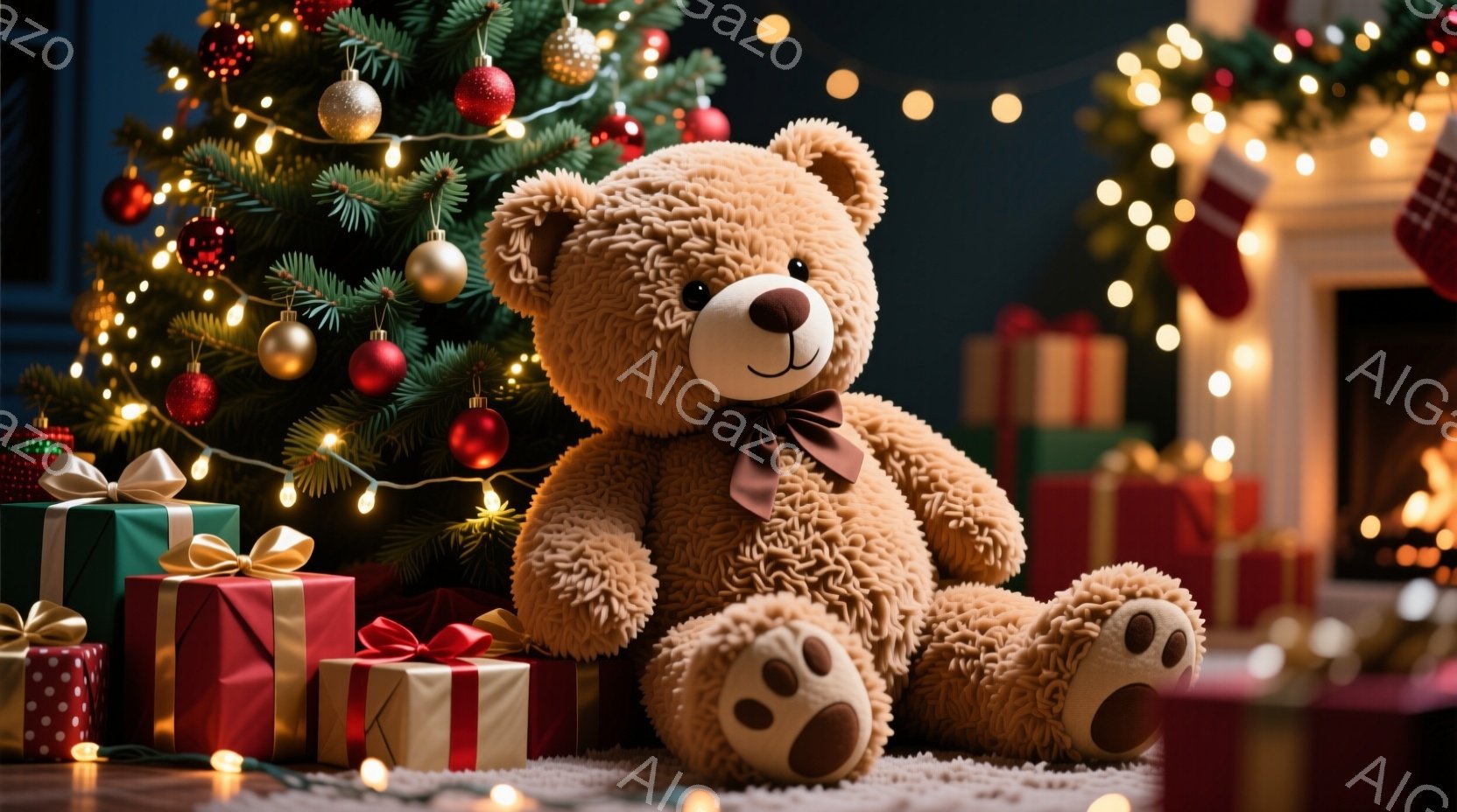 暖炉のそばに、ふわふわの茶色のテディベアが座っています。クリスマスツリーや色とりどりのプレゼントに囲まれ、リラックスした雰囲気です。背景には、キラキラと輝く電飾が暖かく、お祝いのムードを盛り上げています。