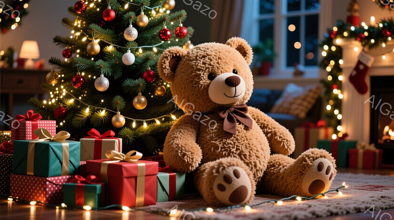 暖炉のそばに、プレゼントの山と大きなテディベアが座っています。テディベアは茶色い毛並みで、赤いリボンが首に巻かれ、愛らしい表情をしています。背景には、明るいオーナメントで飾られたクリスマスツリーが灯り - AI生成フリー素材