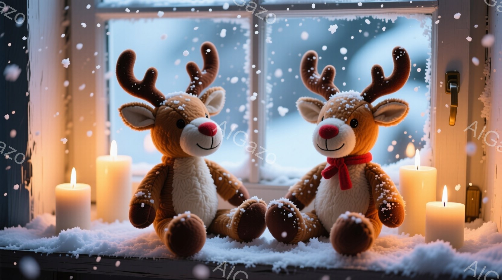 窓辺に2匹の愛らしいトナカイのぬいぐるみがあり、雪に覆われた台座の上に座っています。それぞれのトナカイは赤いリボンを首に巻いており、おとなしく、優しい表情をしています。背景には雪が舞う冬の風景がぼんや - AI生成フリー素材