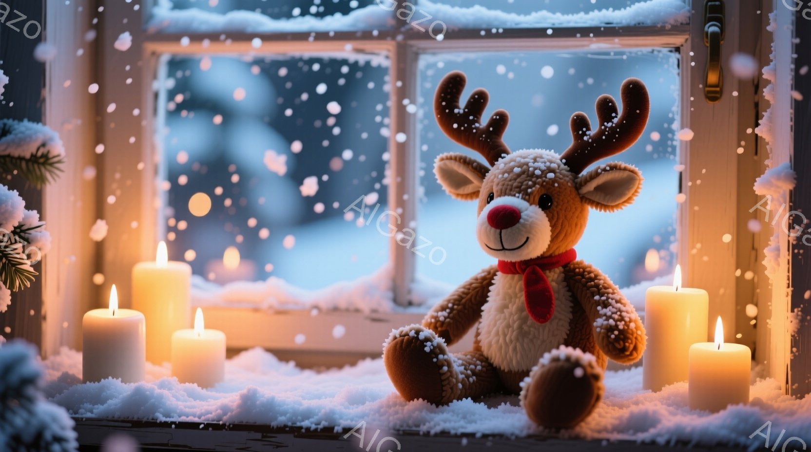 窓辺に雪が積もり、茶色のぬいぐるみのアナグマが赤いリボンを首に巻いて座っています。周囲には火の灯った白いキャンドルが置かれ、窓の外には雪景色が広がっています。暖かく、静かで、冬の穏やかな雰囲気が漂っています。