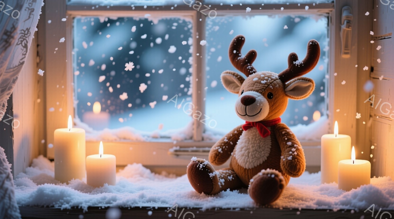 窓辺にふわふわの茶色のトナカイのぬいぐるみがあり、赤いリボンをつけて微笑んでいます。背景には雪景色が広がり、窓枠の周りには雪が降り積もり、白いキャンドルがいくつか置かれています。全体的に暖かく、冬の穏 - AI生成フリー素材