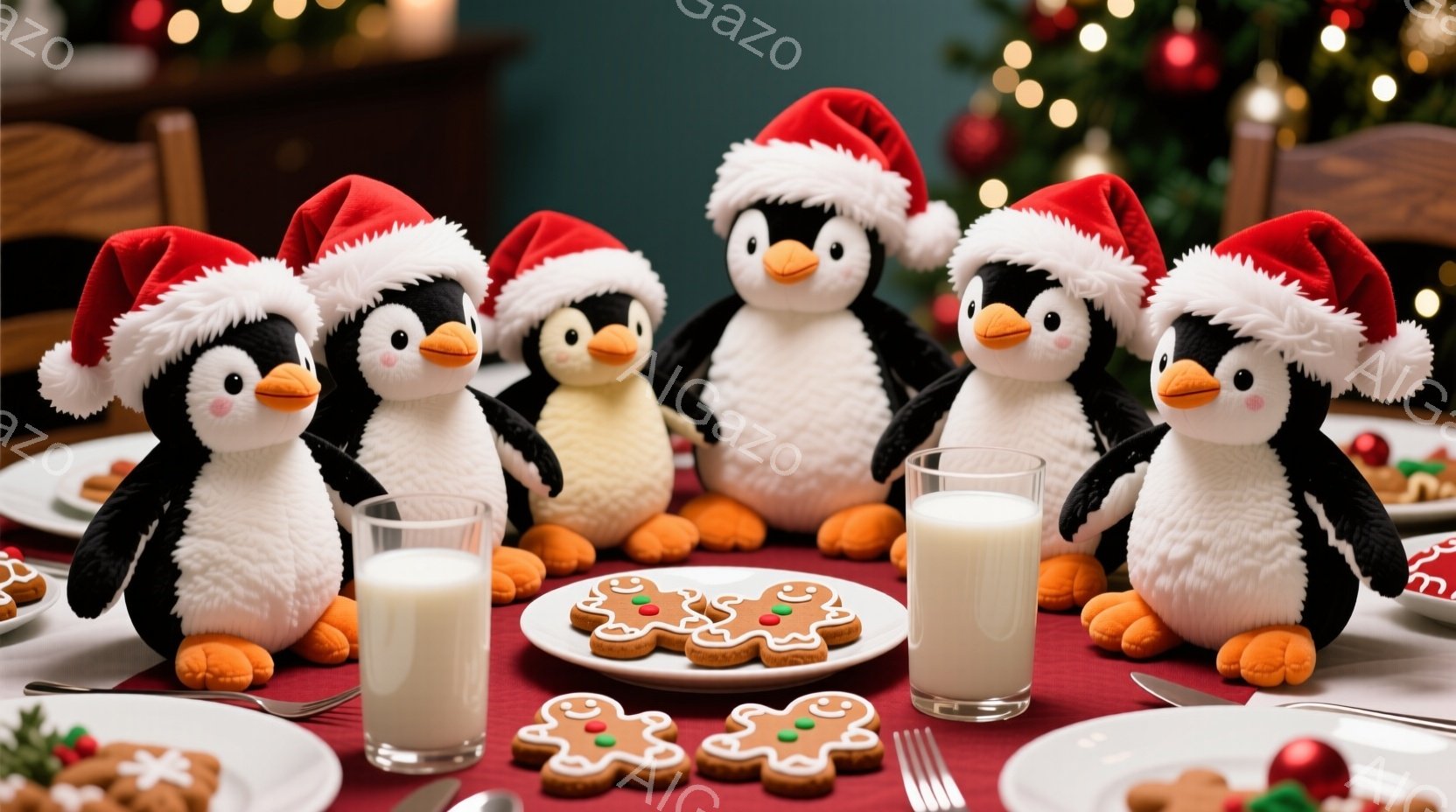 クリスマスをテーマにした画像で、サンタ帽をかぶった可愛らしいペンギンたちがテーブルを囲んでいます。テーブルの上には、ジンジャーブレッドクッキーやミルクグラスが置かれ、クリスマスの飾り付けが背景に見えます。全体的に温かく、お祝いムードに満ちた雰囲気です。