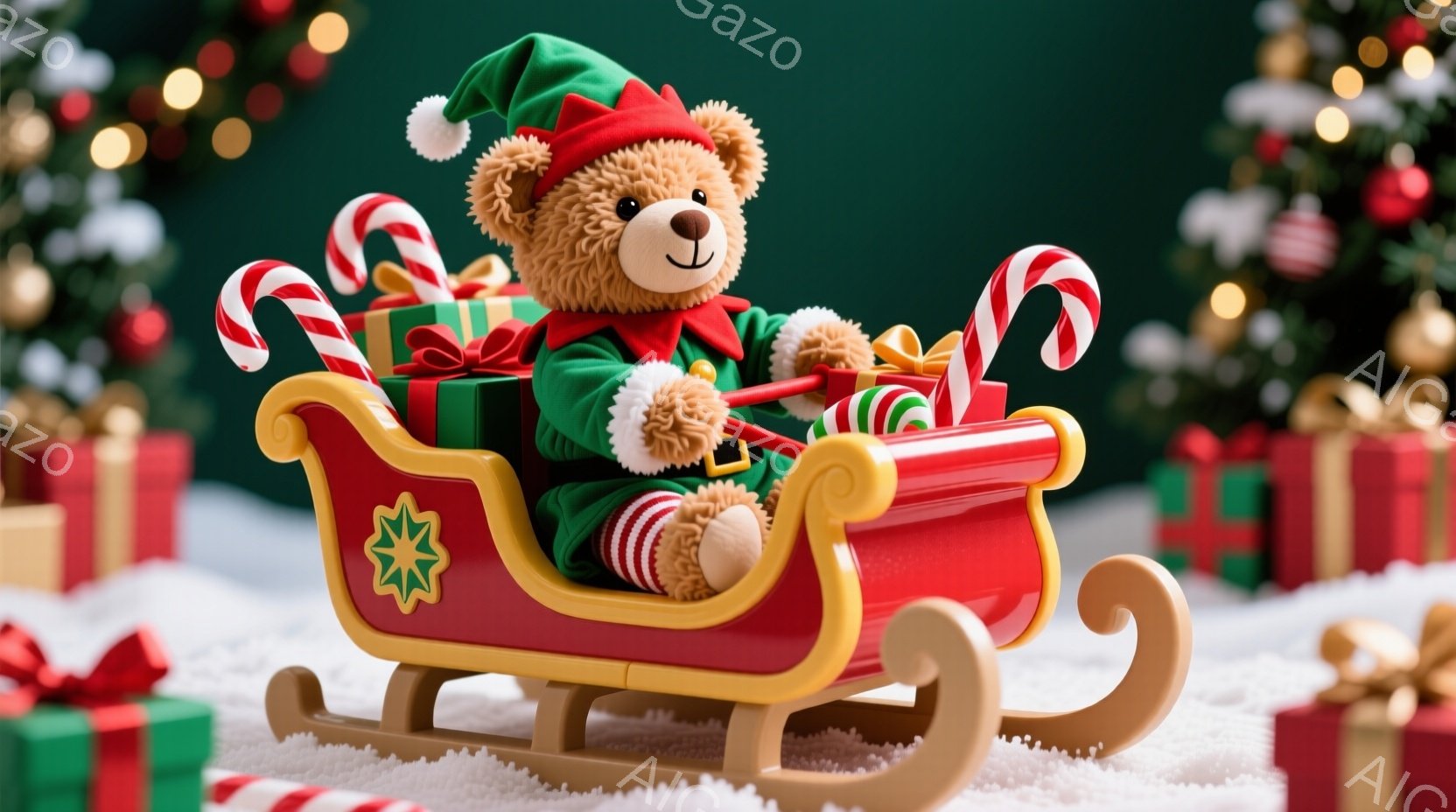 ぬいぐるみのかわいいクマが、赤いそりに乗ってプレゼントを運んでいます。クマは緑の衣装を着て、赤いサンタの帽子をかぶっており、笑顔で前を見つめています。背景には、たくさんのプレゼントとクリスマスの飾り、 - AI生成フリー素材