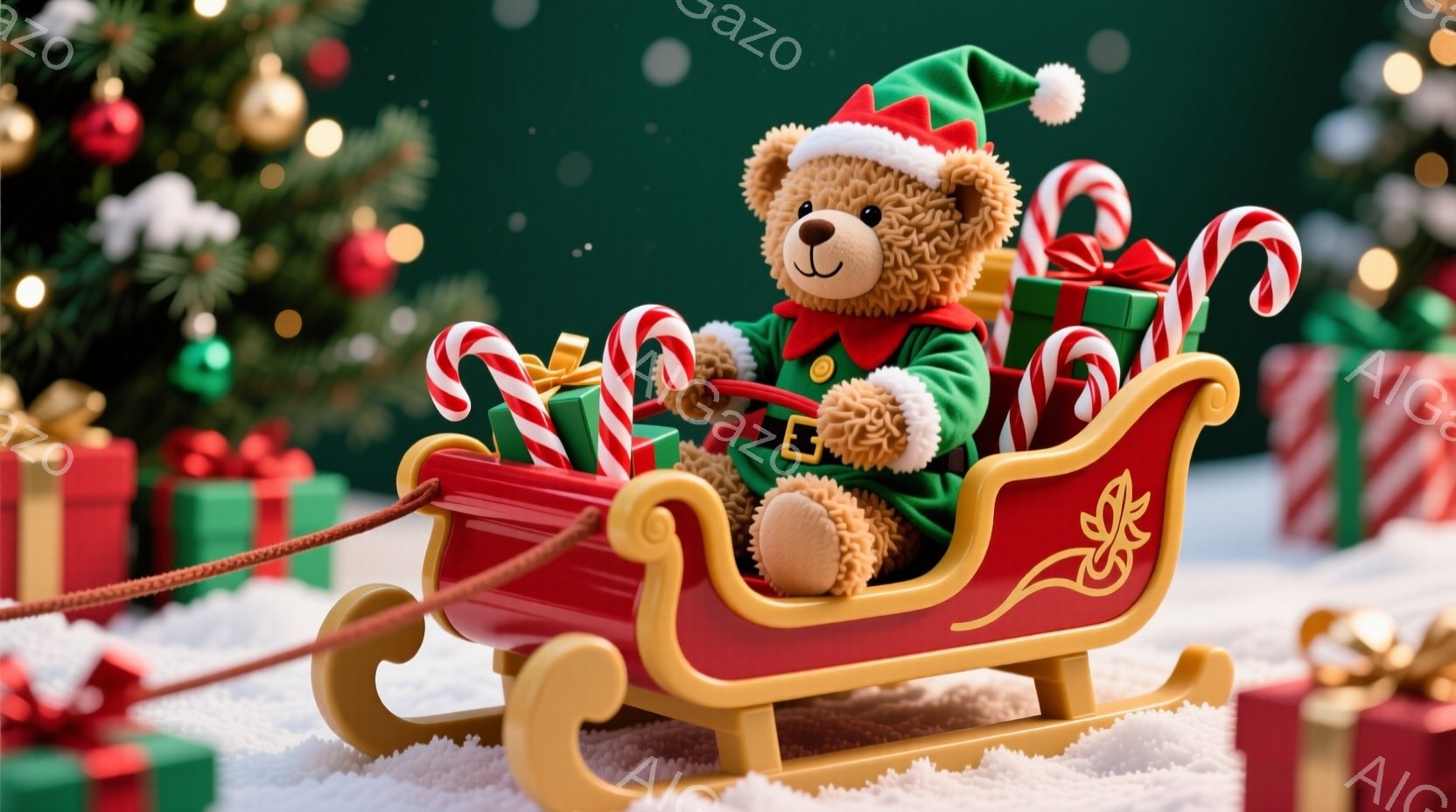 ぬいぐるみのクマが、赤いそりに乗ってプレゼントを運んでいます。クマは緑色の服を着て、赤いサンタの帽子をかぶっており、幸せそうな表情をしています。背景には、クリスマスツリーやプレゼント箱が並び、雪が降る - AI生成フリー素材