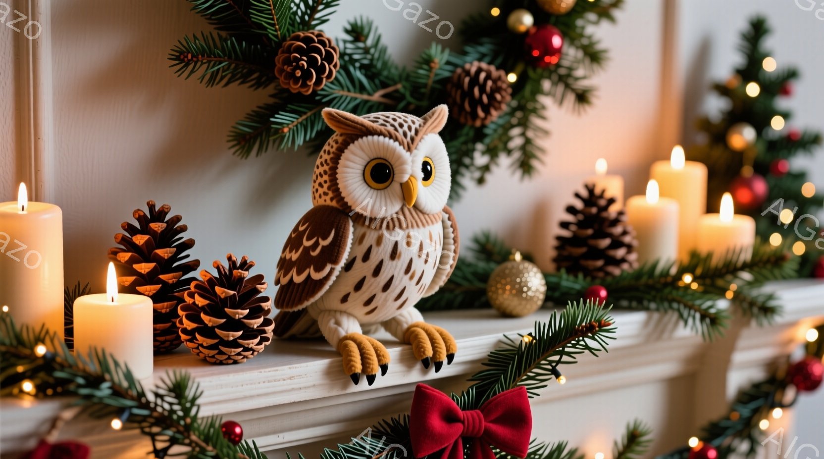 白い暖炉の上に、可愛らしいフクロウの置物が座っています。周りには松ぼっくりやクリスマスの飾り、点灯したキャンドルが配置され、赤いリボンがアクセントになっています。全体的に暖かく、穏やかなクリスマスの雰 - AI生成フリー素材