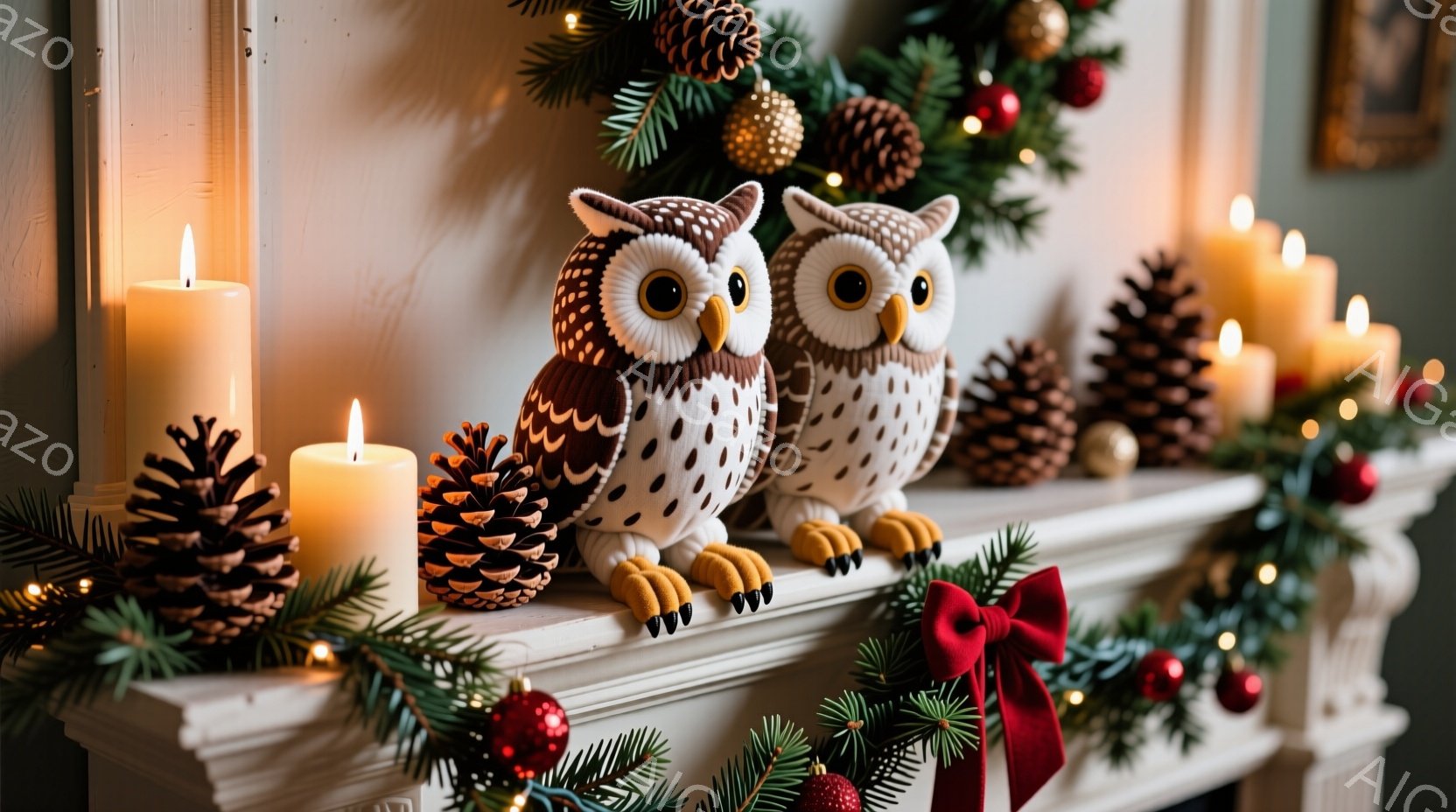 白い暖炉の上に、可愛らしいフクロウの置物が2羽並んでいます。周囲にはクリスマスツリーの枝、松ぼっくり、赤いオーナメント、そして点灯したキャンドルが配置され、温かく華やかな雰囲気を演出しています。全体的 - AI生成フリー素材