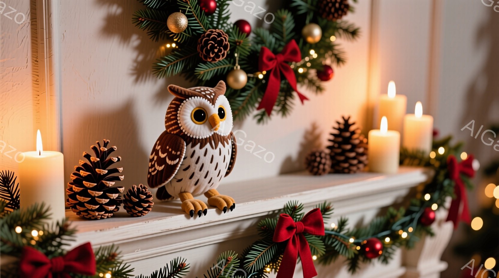 白い暖炉の上に、可愛らしいフクロウの置物が置かれています。周りには松ぼっくりと赤いリボンで飾られたクリスマスツリーの枝が広がり、温かい光を放つキャンドルが並べられています。全体的に、暖かく、穏やかで、 - AI生成フリー素材