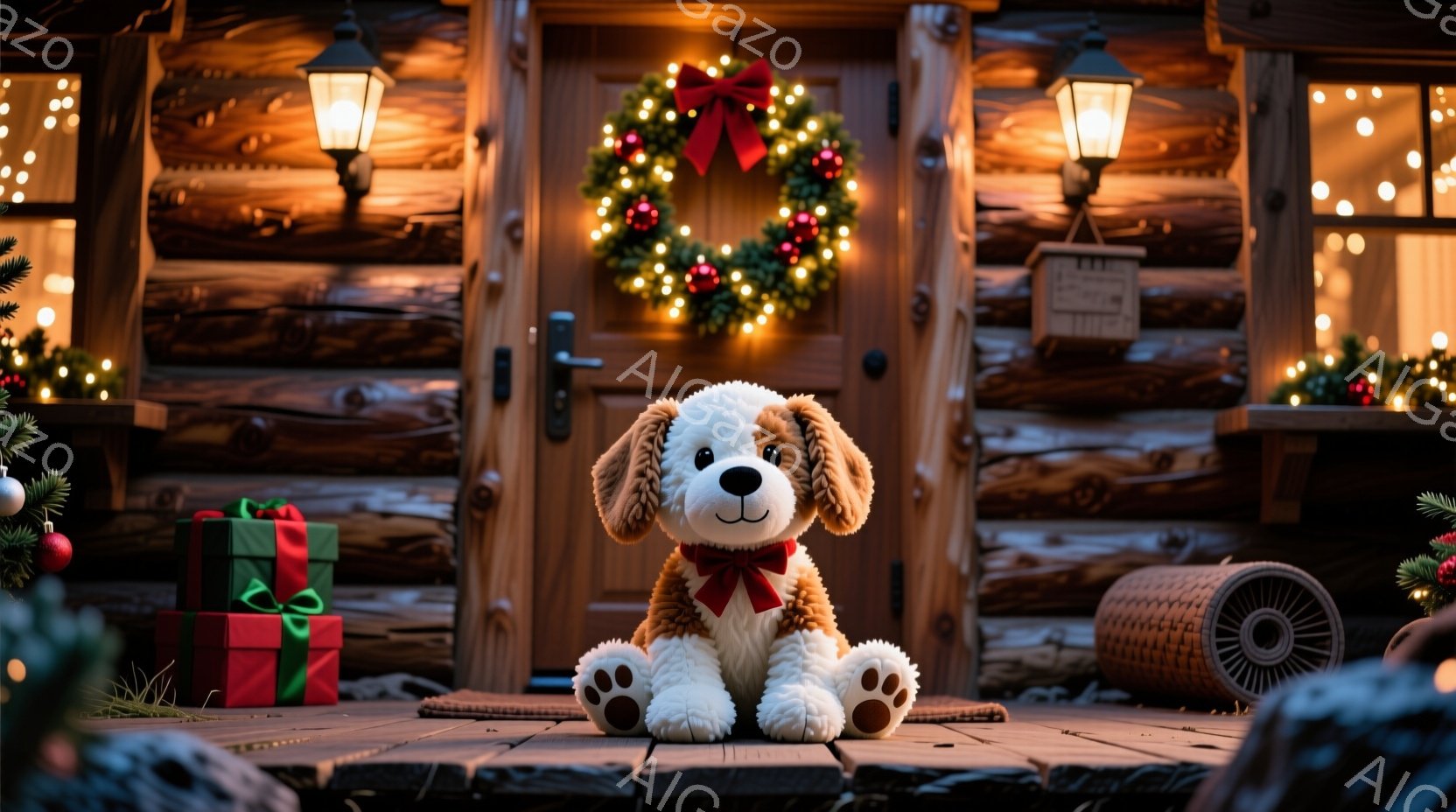 温かい光に照らされた木の家の玄関に、大きなぬいぐるみ犬が座っています。赤い蝶ネクタイを付け、正面を見つめており、その周りにはクリスマスプレゼントや装飾が置かれています。背景には、クリスマスリースが飾られた木製のドアと、ぼんやりとした暖かい光の灯りが広がり、穏やかで心安らぐクリスマスの雰囲気を醸し出しています。