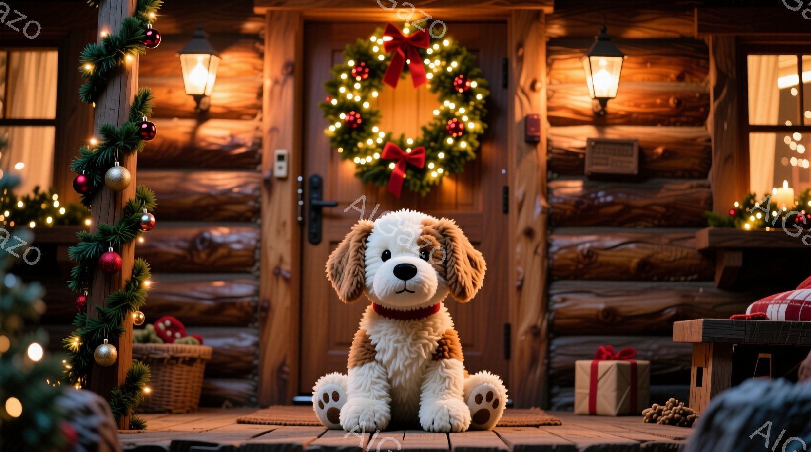 ぬいぐるみのような犬が、木製の家のベランダに座って正面を見つめています。背景には、クリスマスリースで飾られた玄関ドアがあり、暖かく、お祝いの雰囲気が漂っています。ベランダには、プレゼントや装飾が置かれ、クリスマスの準備が整っている様子が伺えます。