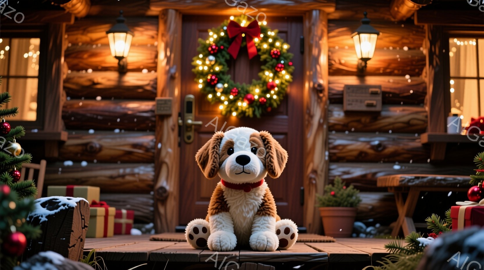 温かみのある丸太の家が背景にあり、正面には毛並みの良い子犬のぬいぐるみがお座りになっています。玄関にはクリスマスリースが飾られ、周囲にはプレゼントボックスや緑の植物が置かれています。雪がちらつき始め、クリスマスの温かく穏やかな雰囲気が漂っています。