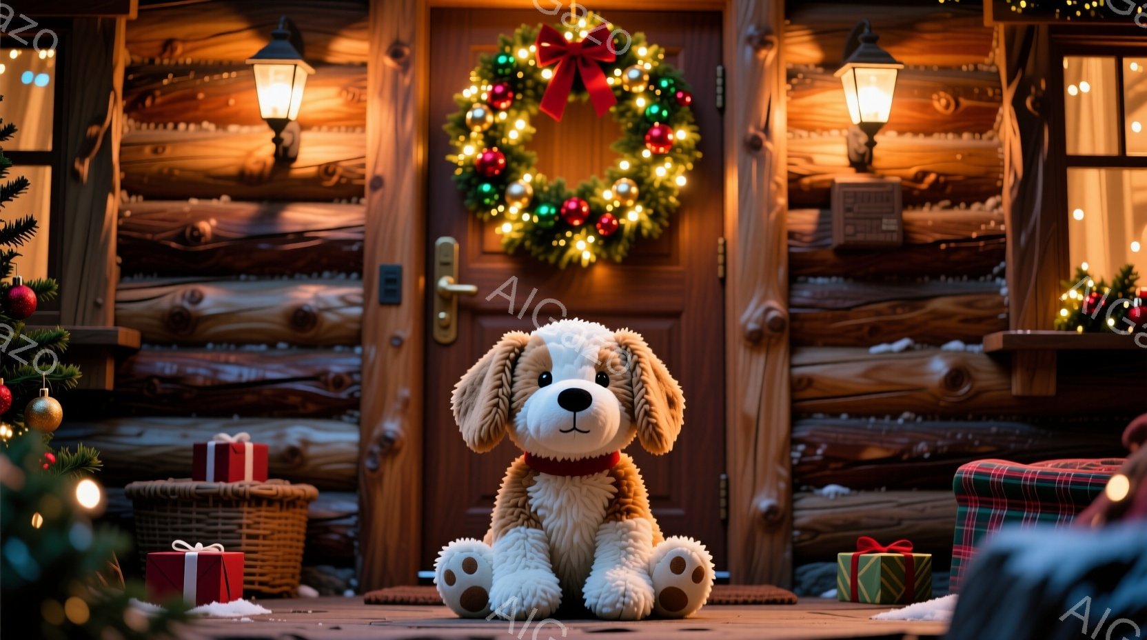 玄関の前に座っている柔らかそうな犬のぬいぐるみです。背景にはクリスマスリースが飾られた木造の家があり、プレゼントがいくつか置かれています。全体的に暖かく、冬のホリデーシーズンらしい雰囲気で、穏やかで幸せな気持ちになります。
