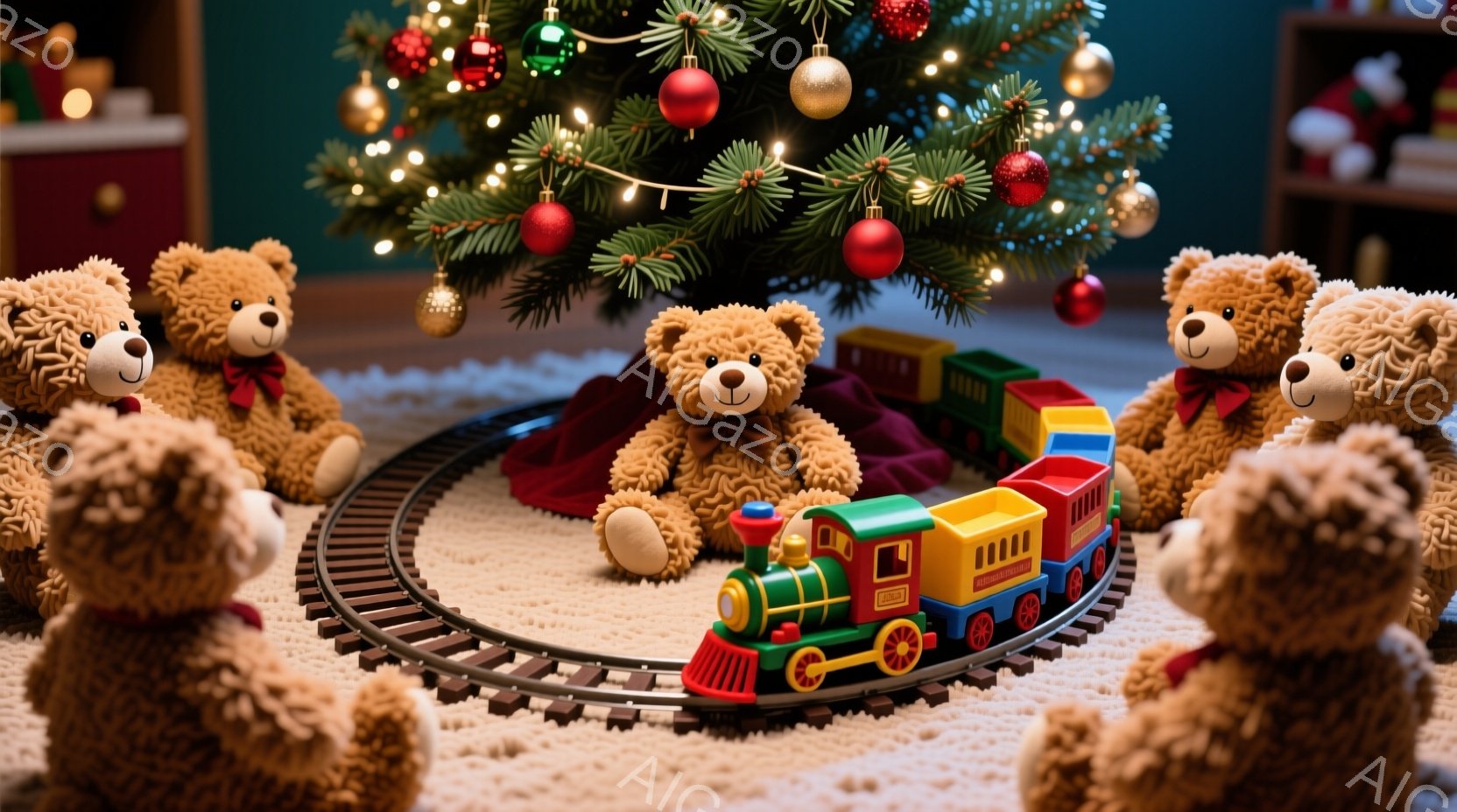 暖炉のある部屋の中央に、クリスマスの飾り付けがされたクリスマスツリーが立っており、その周りを毛並みのふさふさしたテディベアたちが取り囲んでいます。テディベアたちは赤いリボンを首に巻き、床に敷かれたレー - AI生成フリー素材