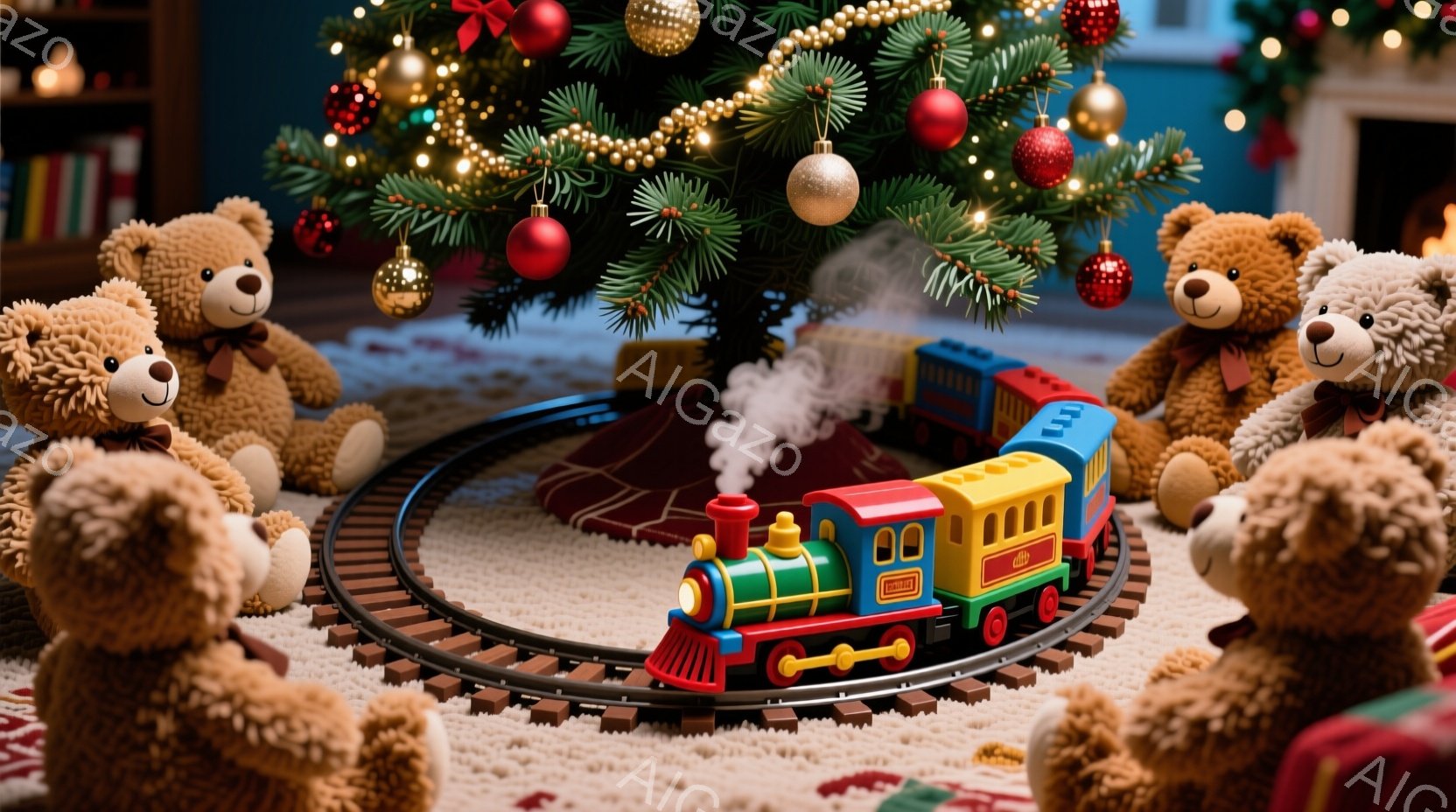 暖炉のある部屋の中央で、クリスマスの飾り付けがされたクリスマスツリーが置かれ、その周りをテディベアたちが囲んでいます。カラフルな電車のおもちゃが線路の上を走っており、テディベアたちは電車を見ているかの - AI生成フリー素材