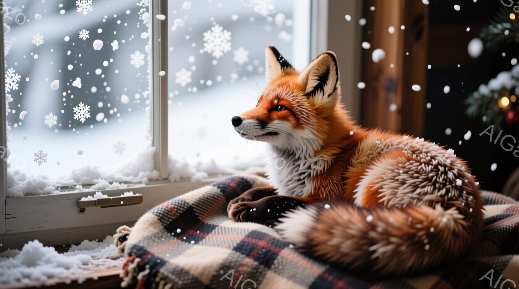 暖炉のそばの窓辺で、美しい赤毛のキツネが丸まって眠っています。キツネはチェック柄の毛布の上に横たわり、雪が降る外を見つめています。室内は暖かく、クリスマスの装飾が施されており、静かで穏やかな冬の雰囲気 - AI生成フリー素材