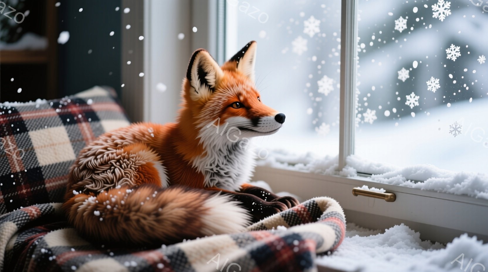 明るいオレンジ色の毛並みを持つキツネが、窓辺のチェック柄の布の上に横たわっています。キツネは落ち着いた表情で外を眺めており、その視線の先には雪が舞う冬景色が見えます。室内は暖かく、雪景色とのコントラストが、静かで穏やかな雰囲気を醸し出しています。
