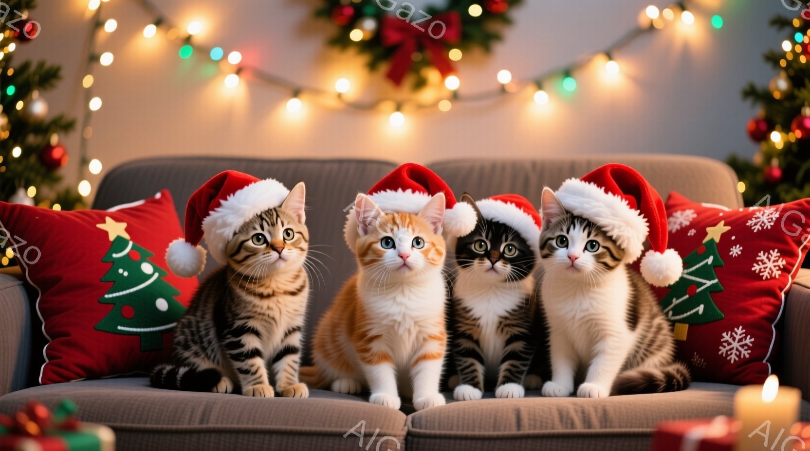 ソファに並んで座っている4匹の可愛らしい子猫たちが写っています。それぞれクリスマス風の赤い帽子を被っており、好奇心と少しの戸惑いが混ざった表情をしています。背景にはクリスマスツリーの飾りや光がぼんやりと見え、暖かくお祝いムードに包まれた室内が表現されています。