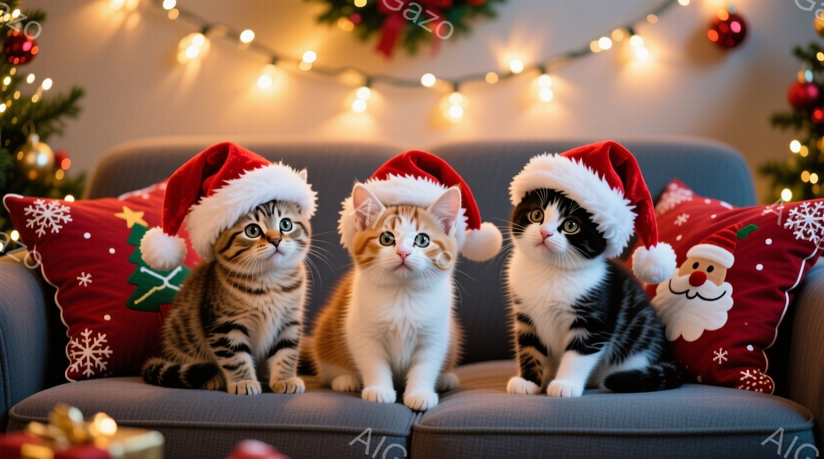 ３匹の小さな子猫が、クリスマスの飾り付けられたソファに並んで座っています。それぞれの猫は赤いサンタ帽をかぶっており、丸い瞳でカメラを見つめています。背景には、クリスマスツリーや光のイルミネーションがあ - AI生成フリー素材