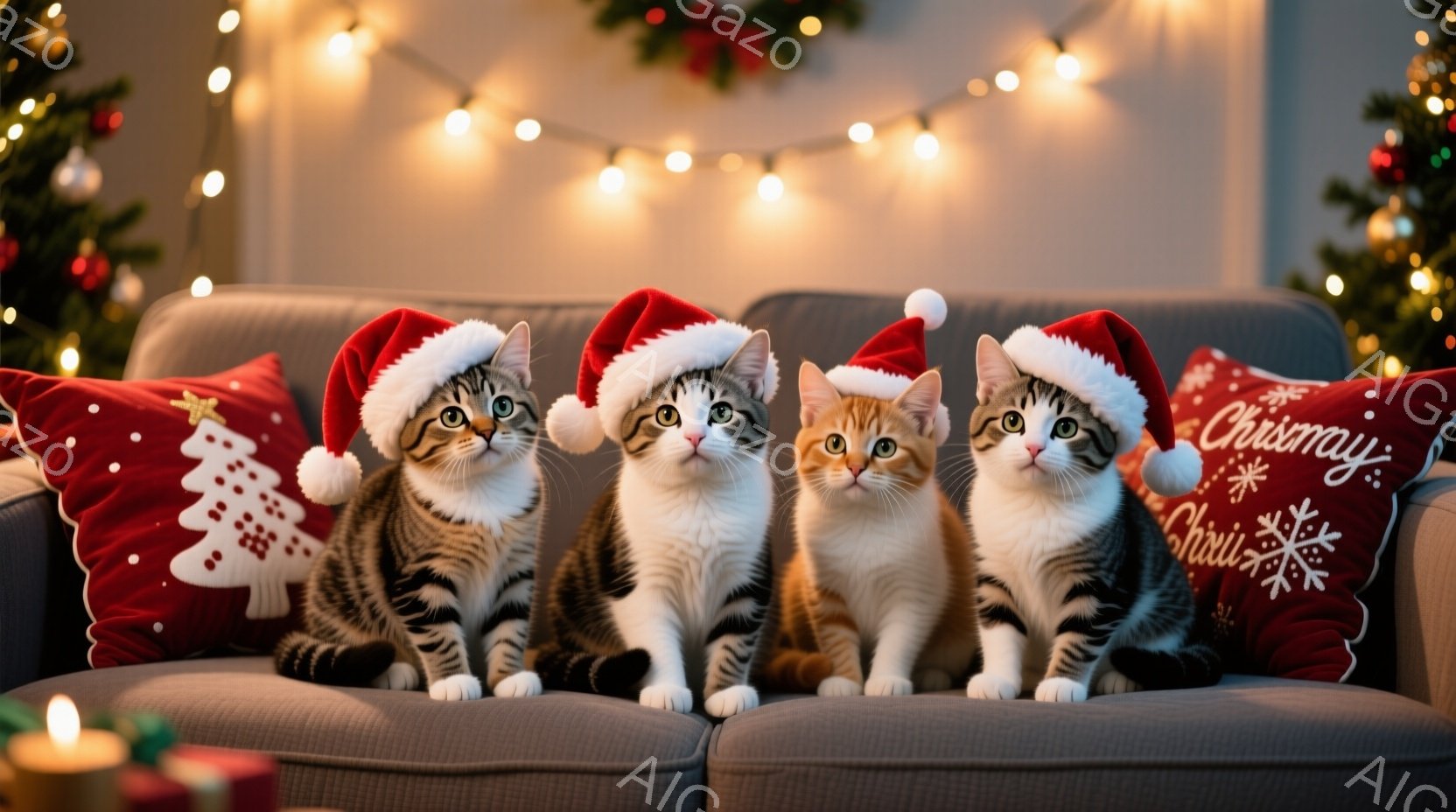 ３匹の猫がクリスマス柄のクッションが並んだ灰色のソファに座っており、それぞれ赤いサンタ帽を被っています。猫たちは正面を見ており、やや緊張した表情で、静かにポーズをとっています。背景にはぼんやりとクリスマスツリーが見え、暖かく穏やかなクリスマスの雰囲気が漂っています。