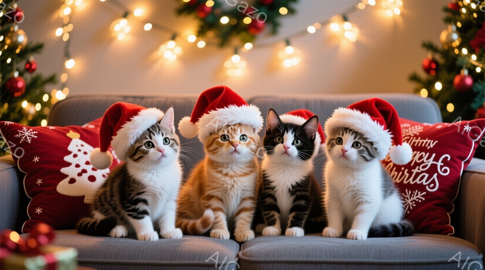 クリスマスをテーマにした可愛らしい猫たちが、赤いクッションの上に並んで座っています。それぞれの猫はサンタ帽を被っており、好奇心と少しの戸惑いが入り混じった表情をしています。背景にはぼやけたクリスマスツリーと光のイルミネーションがあり、温かくお祝いムードに満ちた雰囲気を醸し出しています。
