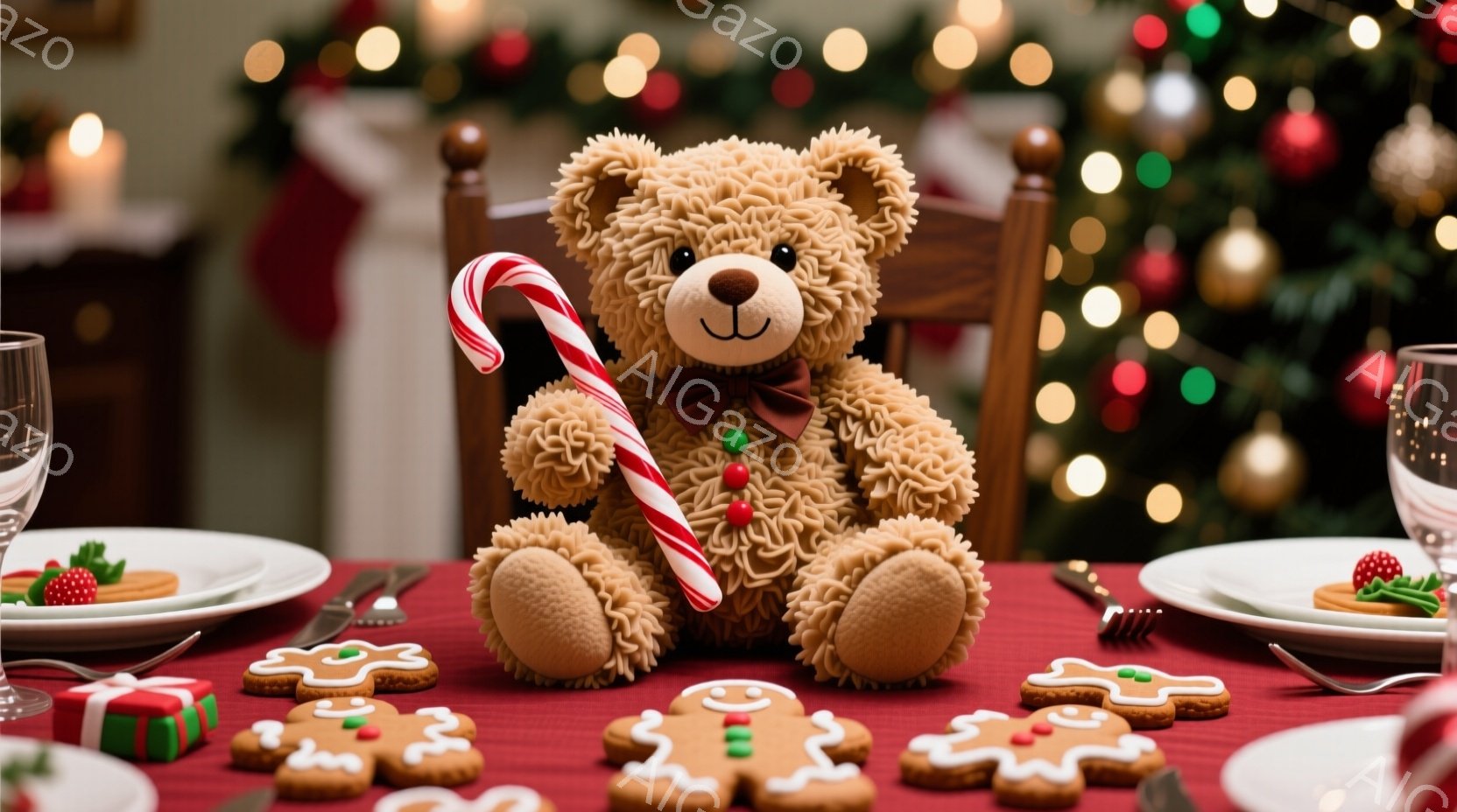 暖炉のそばのテーブルに、ふわふわの茶色のテディベアが座っています。赤い縞模様のキャンディケーンを持っており、黒いリボンで結ばれています。背景にはぼやけたクリスマスツリーが見え、テーブルにはジンジャーブレッドマンのクッキーや小さなプレゼントが並び、温かくお祝いムードのダイニングルームを演出しています。