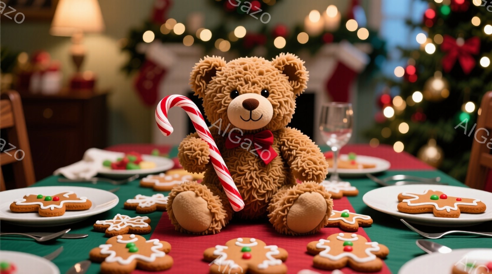 クリスマスらしい赤いテーブルクロスが敷かれた食卓に、可愛らしいテディベアが座っています。テディベアは赤いリボンで結ばれ、片手にキャンディケーンを持っています。テーブルの上にはジンジャーブレッドマンのクッキーが並べられ、背景にはぼやけたクリスマスツリーの光が輝き、温かく幸せな雰囲気を醸し出しています。