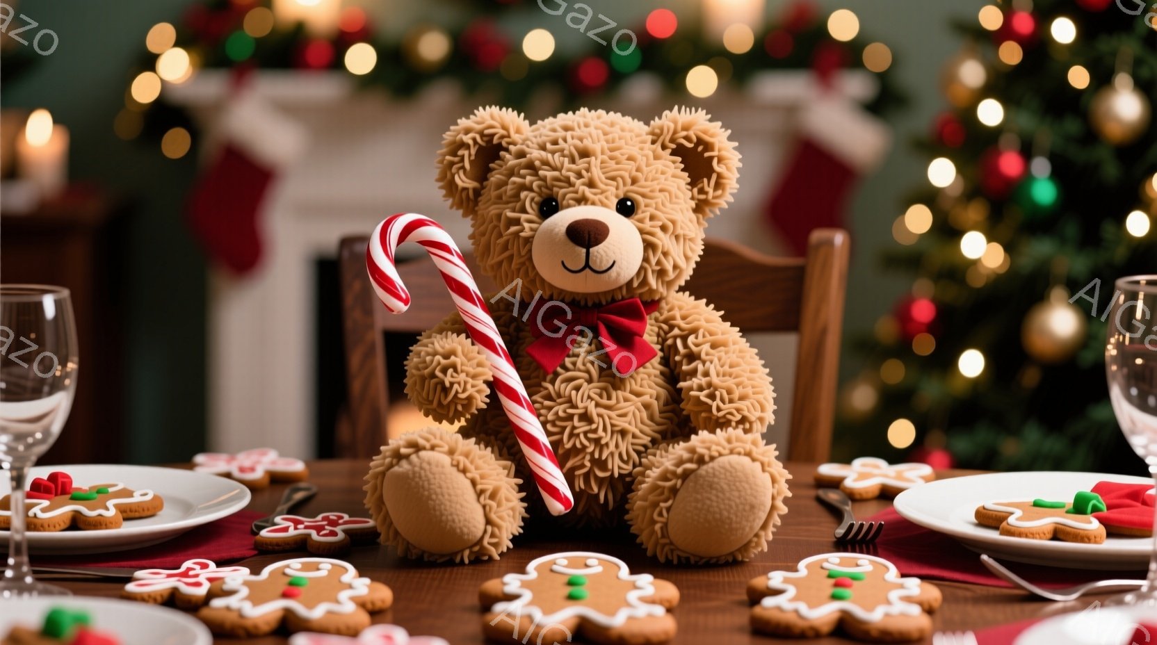 温かみのある光に照らされたダイニングテーブルに、ふわふわのテディベアが座っています。赤いリボンを首に巻き、片手にキャンディケーンを持ったベアは、まるでクリスマスディナーの準備をしているかのようです。テーブルの上にはジンジャーブレッドマンのクッキーが散りばめられ、背景にはぼやけたクリスマスツリーが見え、全体的に温かく、お祝いムードに満ちた雰囲気です。