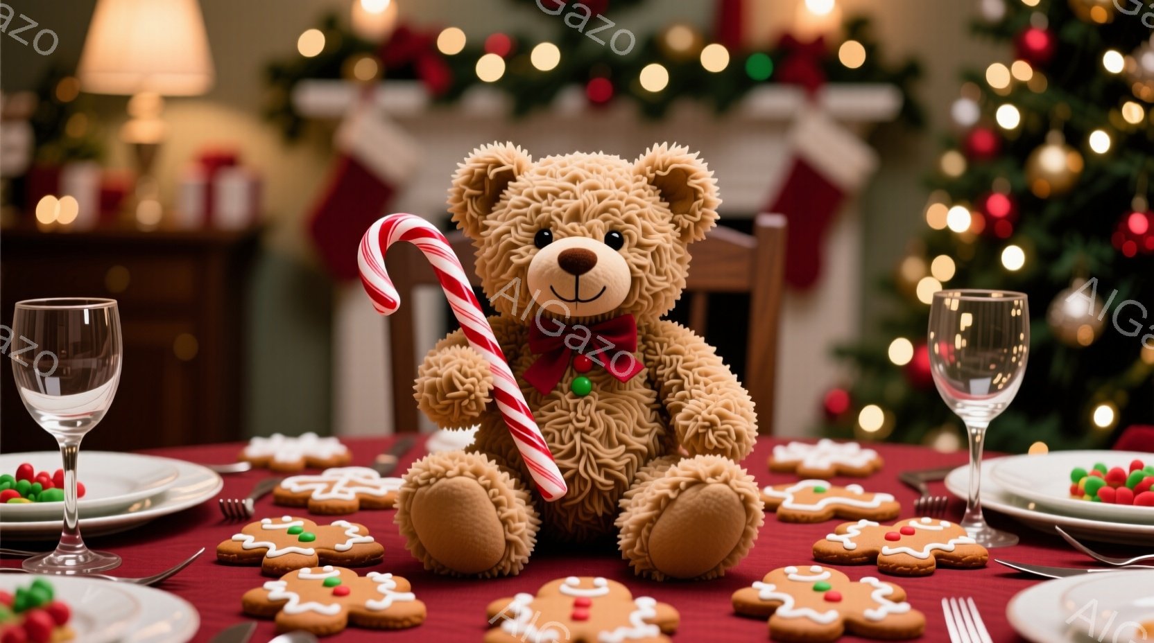 暖炉の前にセットされたクリスマスの食卓に、大きなテディベアが座っています。ベアは赤いリボンと緑色のアクセサリーを身に着け、片手にキャンディケーンを持っています。テーブルの上には、ジンジャーブレッドクッ - AI生成フリー素材