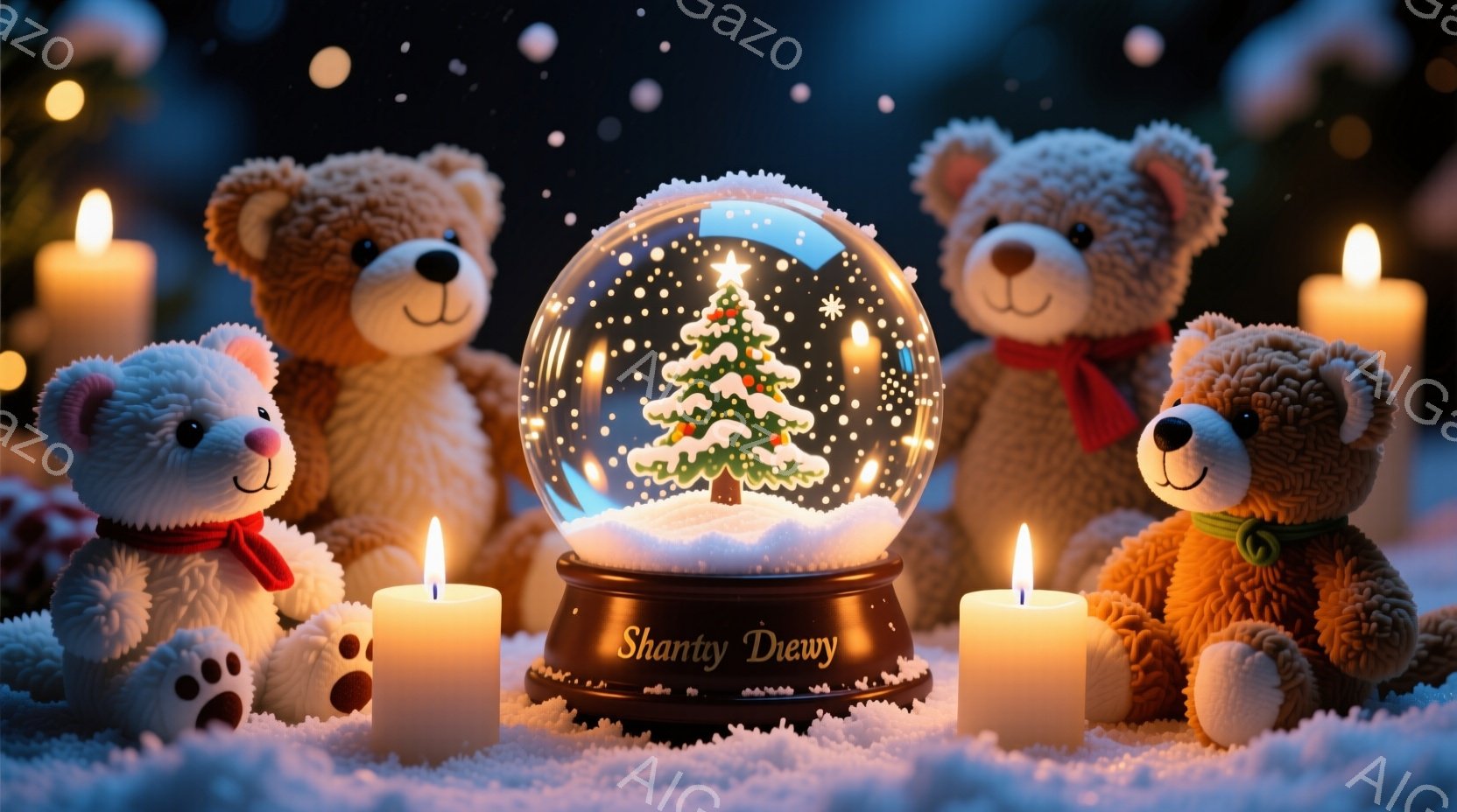 白い雪の上に、可愛らしいテディベアたちが並んでいます。それぞれのクマは、赤いまたは緑の首輪を身につけ、穏やかな表情で暖かく微笑んでいます。背景には、雪が舞う中で灯されたキャンドルと、雪の結晶が閉じ込め - AI生成フリー素材