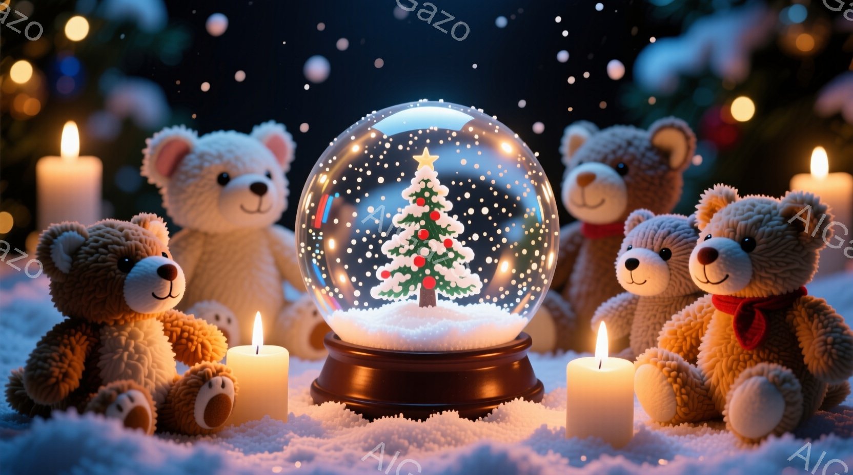 暖炉のそばの雪景色の中に、可愛らしいテディベアたちが集まっています。彼らはそれぞれ異なるポーズで座り、一部は赤いリボンを首に巻いており、中央には雪が舞うクリスマスのツリーが入ったスノーグローブが置かれ - AI生成フリー素材