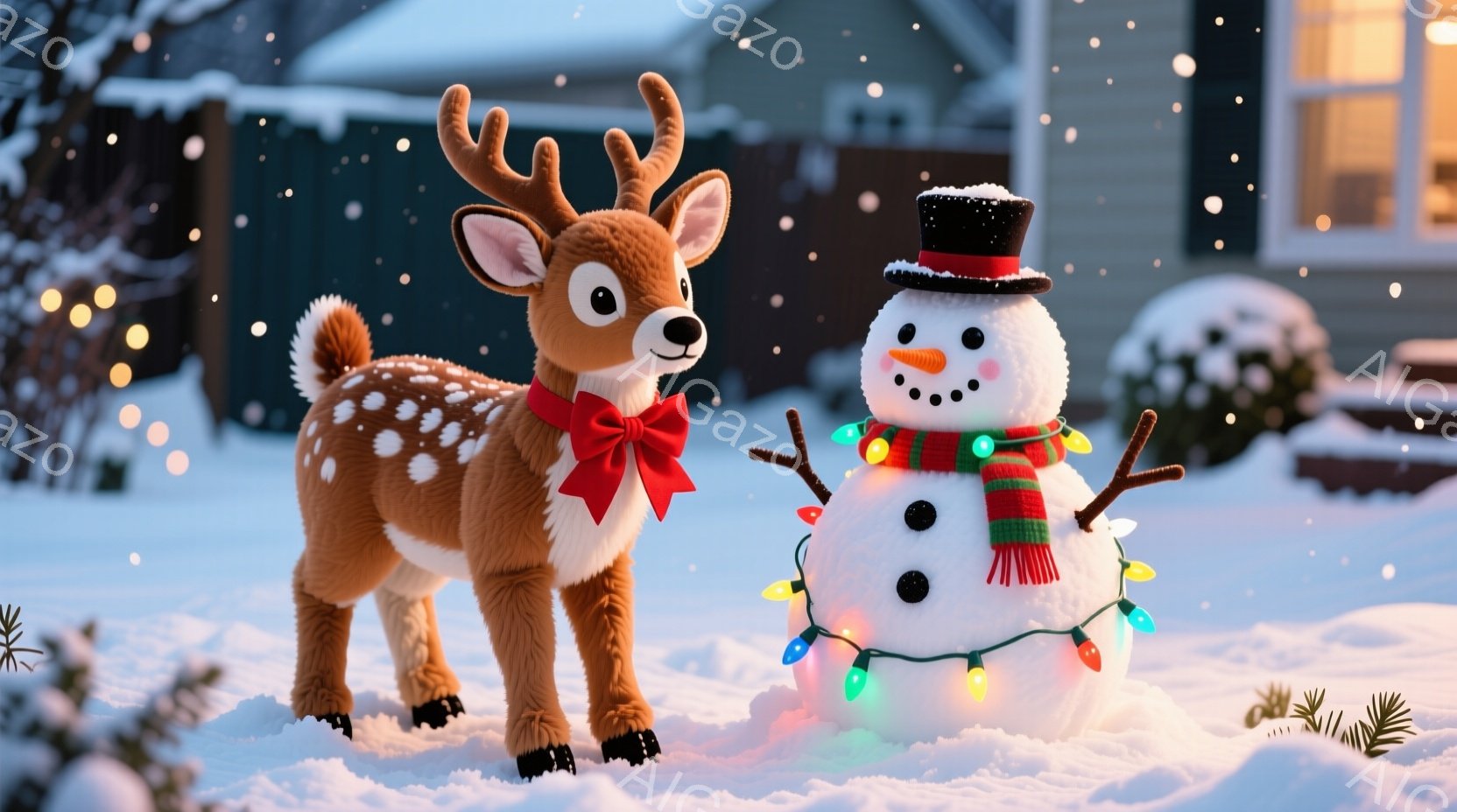 雪景色の中に、可愛らしい子鹿と雪だるまが立っています。子鹿は茶色い体に白い斑点があり、赤いリボンをつけています。雪だるまはシルクハットと緑色のマフラーを巻き、カラフルな電飾で飾られ、優しい雰囲気を醸し - AI生成フリー素材
