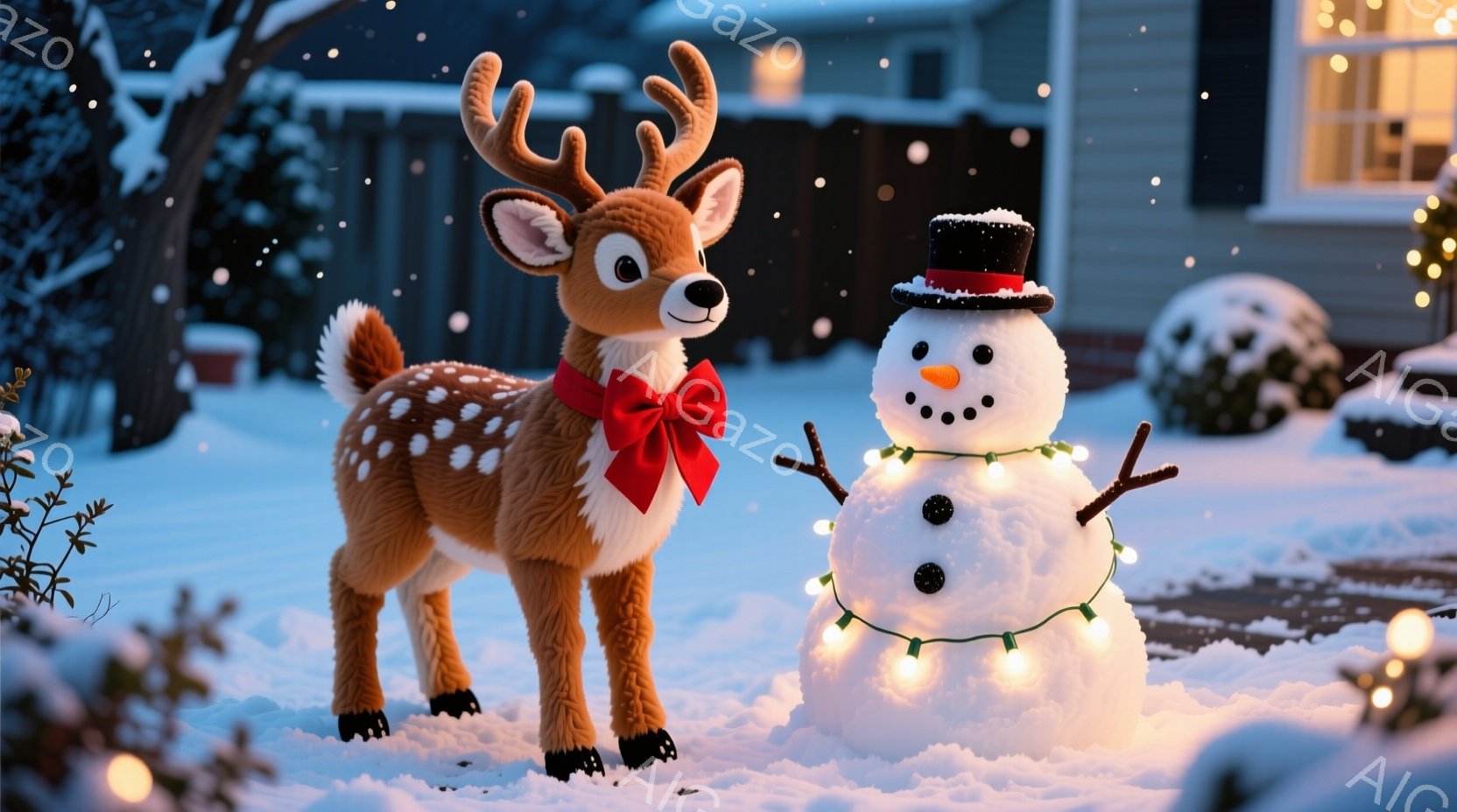 雪が降り積もる庭に、子鹿の置物と雪だるまが並んでいる。子鹿は、ドット柄の体と赤いリボンが印象的で、まっすぐ前を見ている。背景には家の窓から暖かい光が漏れ、クリスマスツリーの飾りも見え、冬の暖かく穏やかな雰囲気が漂っている。
