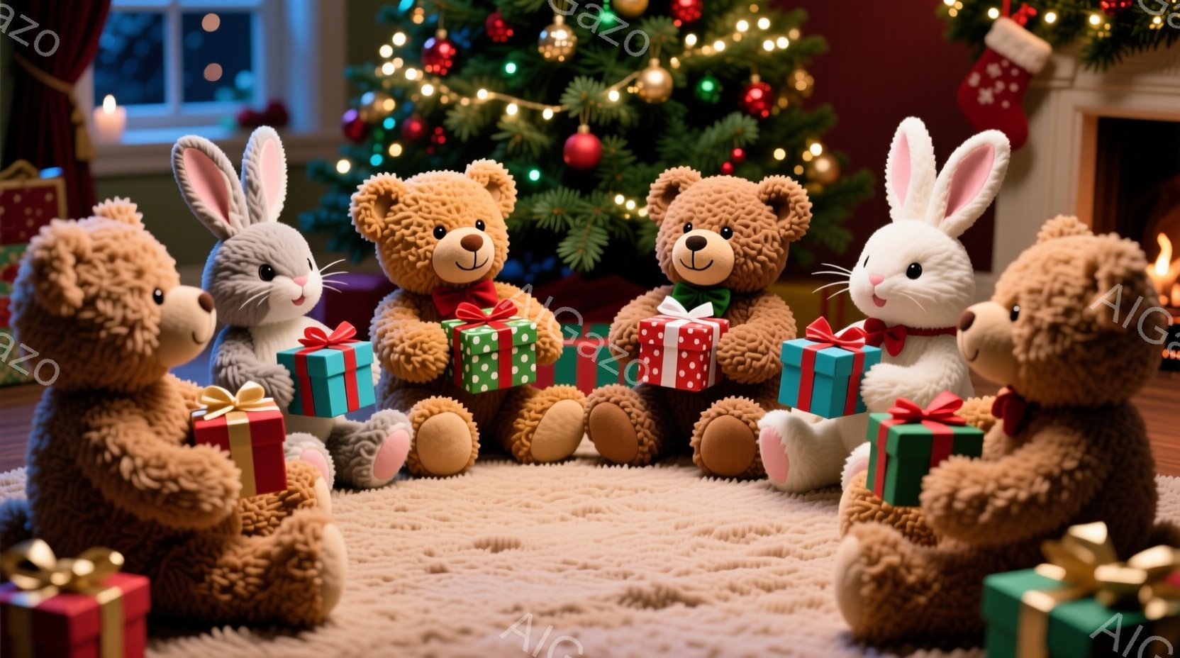 暖炉とクリスマスツリーを背景に、可愛らしいテディベアとウサギのぬいぐるみたちがプレゼントを抱えて座っています。プレゼントは緑色の包装紙でリボンが結ばれており、ぬいぐるみたちはそれぞれ幸せそうな表情をし - AI生成フリー素材