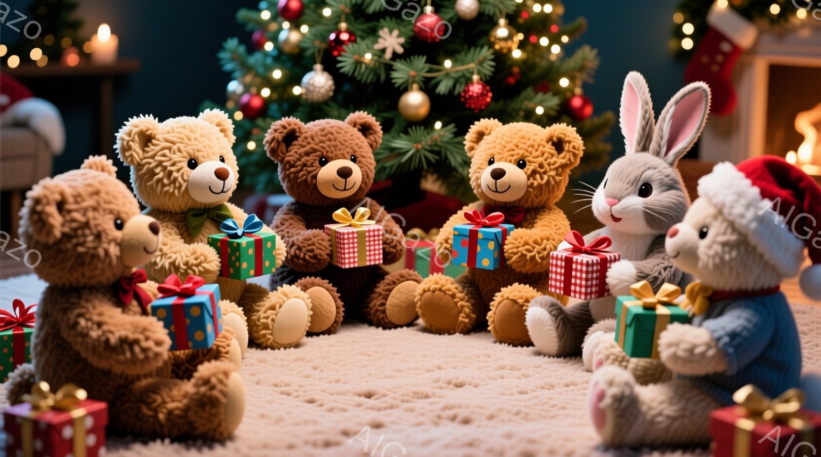 ぬいぐるみたちが円になって座り、それぞれプレゼントの包まれた箱を持っている。背景にはクリスマスツリーが飾られ、暖炉と赤い靴下が見え、全体的に温かく、お祝いの雰囲気を感じさせる。ぬいぐるみの表情は穏やか - AI生成フリー素材