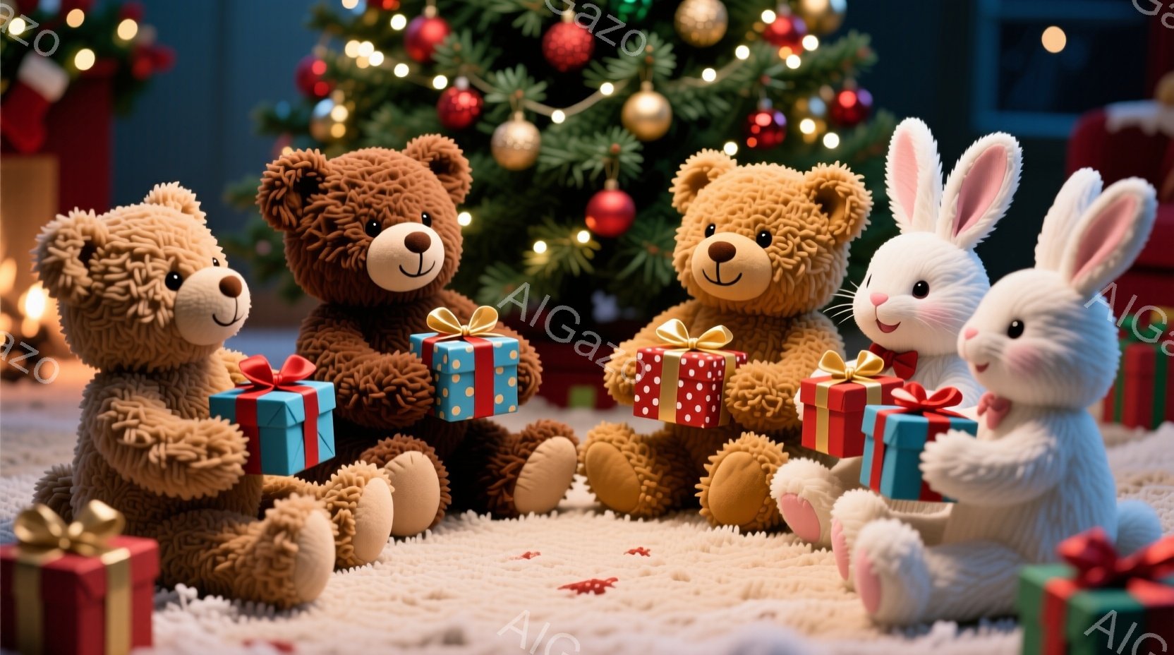 暖炉の前にふわふわのラグの上で、3匹のテディベアと1匹のウサギが座り、それぞれ手にプレゼントの箱を持っています。テディベアは茶色とベージュの毛並みで、幸せそうな表情をしています。背景にはクリスマスツリ - AI生成フリー素材