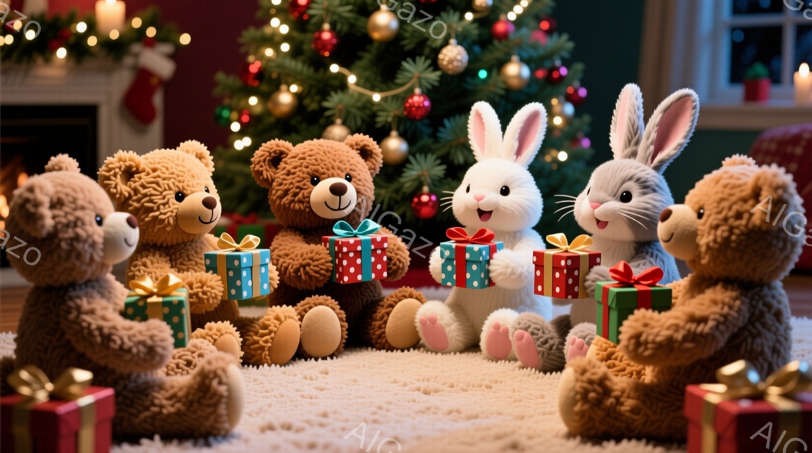 暖炉とクリスマスツリーを背景に、テディベアとウサギたちがプレゼントを抱えて円座りしている様子が描かれています。それぞれのクマやウサギは温かい笑顔を浮かべ、プレゼントは緑色と赤いリボンで飾られています。 - AI生成フリー素材