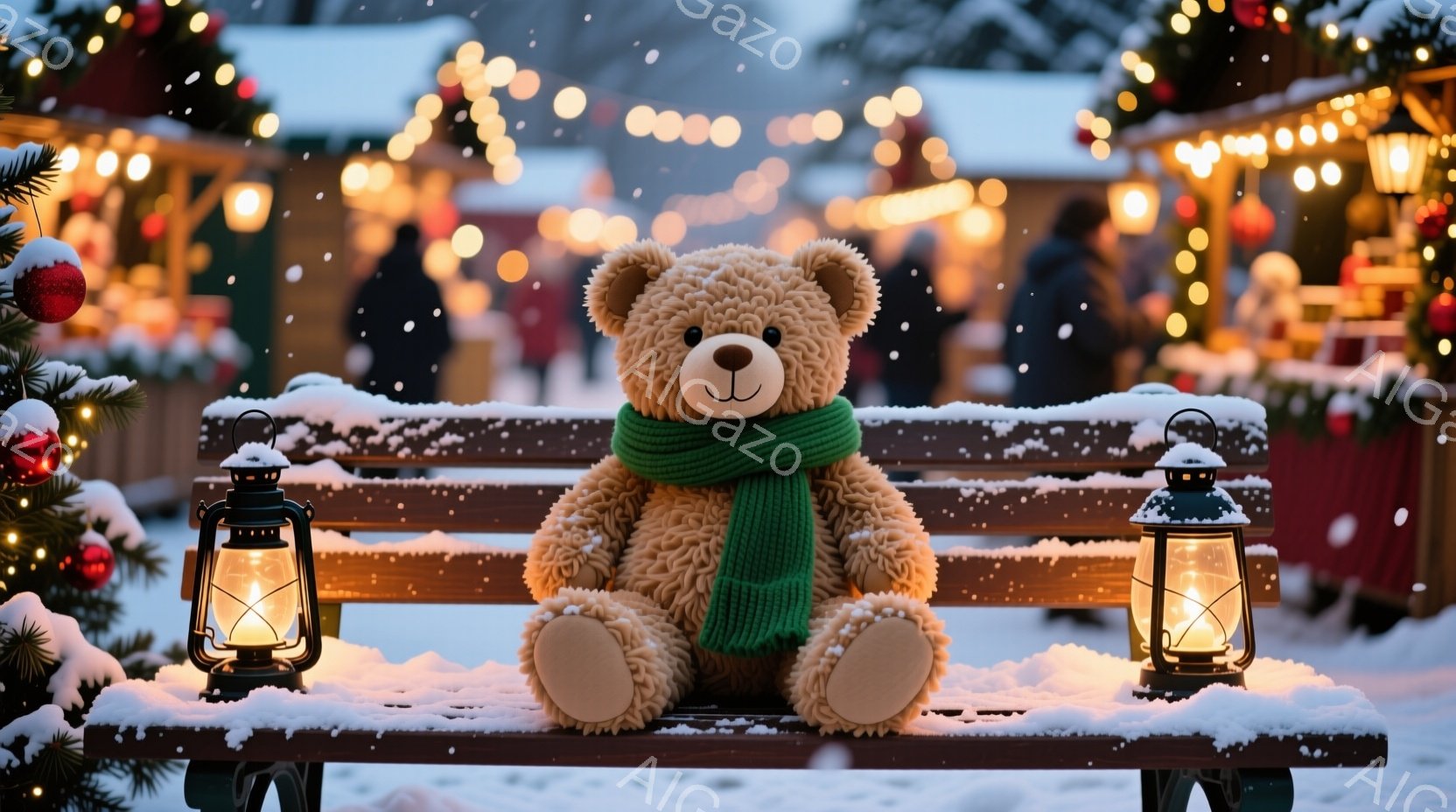 ふわふわの茶色のテディベアが、雪で覆われた木製のベンチに座っている。緑色のスカーフを巻いており、背景にはクリスマスのイルミネーションや屋台がぼやけて写っている。雪が舞う冬の夜の、温かく幻想的な雰囲気で - AI生成フリー素材