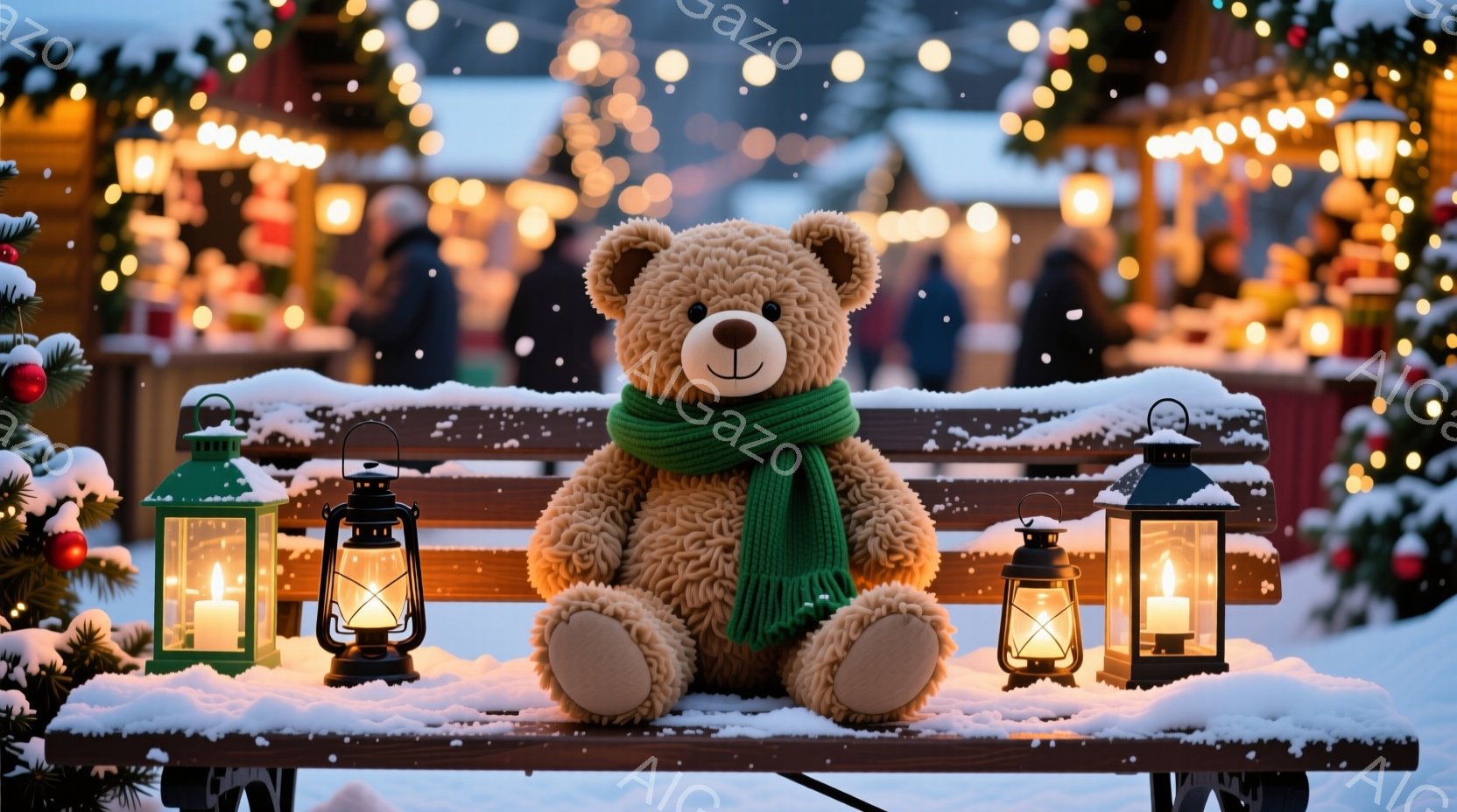 ぬいぐるみの茶色の熊が、雪で覆われた木のベンチに座っています。緑色のスカーフを巻いており、穏やかな表情をしています。背景には、クリスマスマーケットのような賑やかな光景が広がり、雪が舞い散る冬の夜の温かく幻想的な雰囲気を醸し出しています。