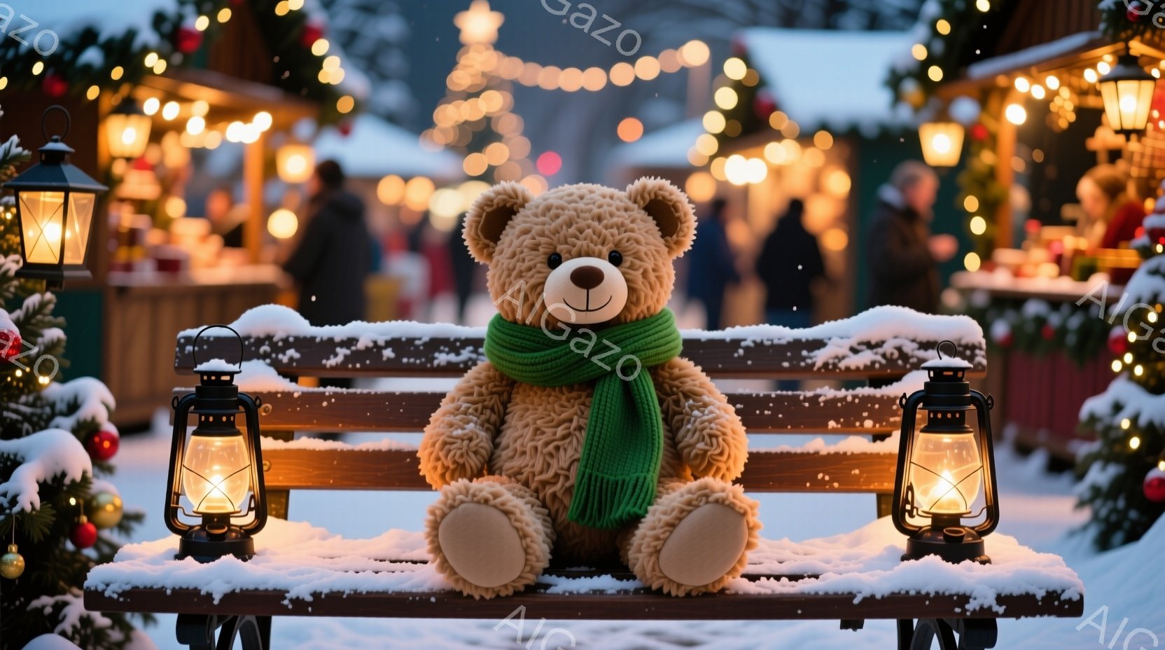 ふわふわの茶色のテディベアが、雪の積もった木製のベンチに座っています。エメラルドグリーンのマフラーを首に巻き、穏やかな表情をしています。背景にはクリスマスの飾り付けがされた建物や木々がぼやけて見え、雪 - AI生成フリー素材