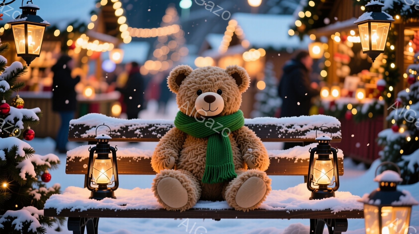 ふわふわの茶色のテディベアが、雪に覆われたベンチに座っています。緑色のマフラーを巻いており、穏やかな表情をしています。背景にはクリスマスマーケットのような賑やかな光景が広がり、雪が舞う冬の夜の温かく幻 - AI生成フリー素材