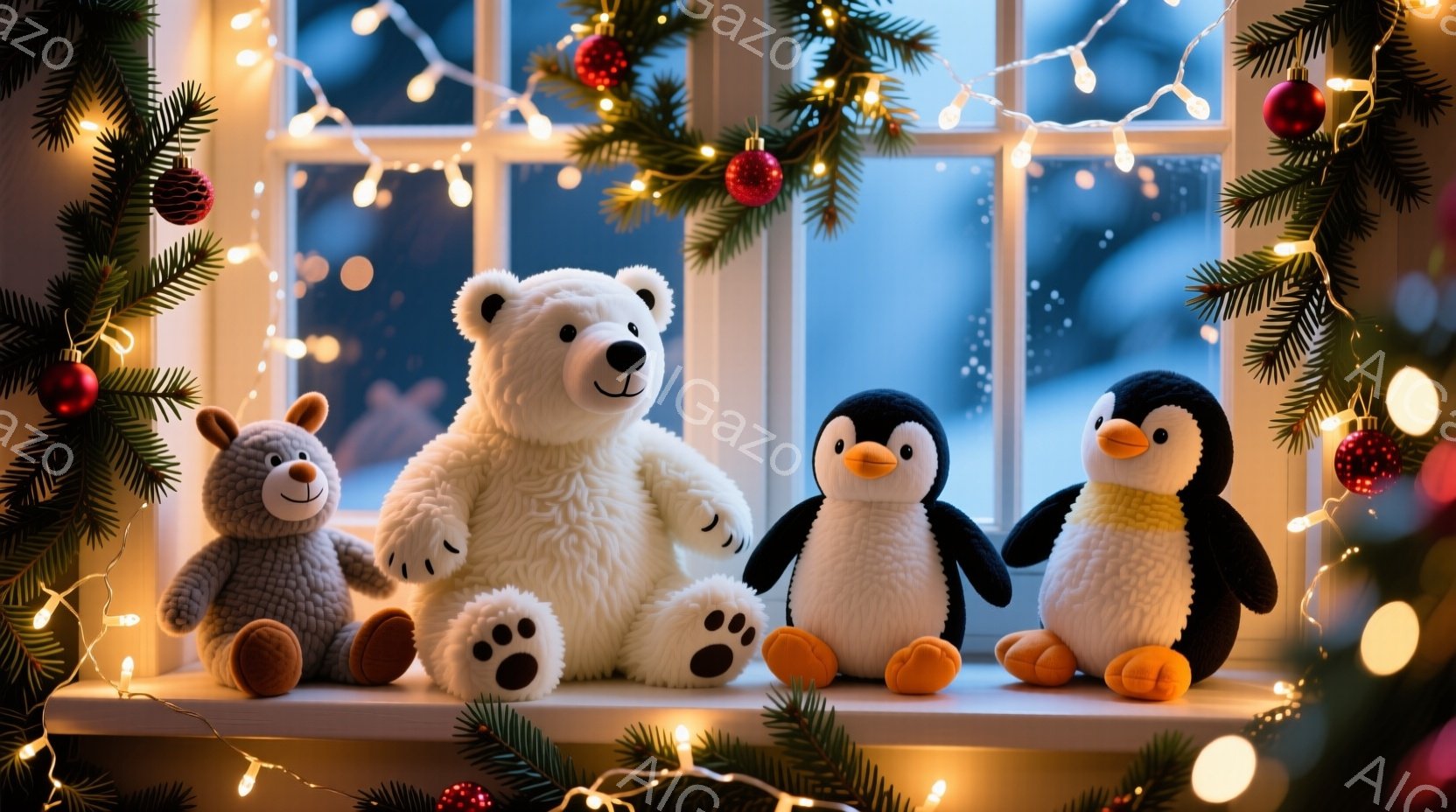 白い窓辺に、テディベア、ホッキョクグマ、ペンギンのぬいぐるみたちが並んで座っています。背景には雪景色が見え、クリスマスツリーの飾りと電飾が暖かく優しい雰囲気を醸し出しています。ぬいぐるみたちは皆、穏やかな表情で、冬の暖炉のそばでくつろいでいるような心地よい様子です。
