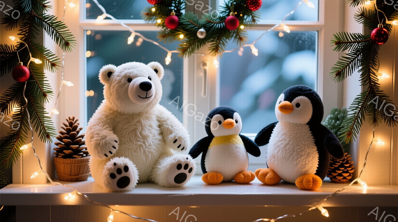 白い窓辺に、ふわふわの白い熊のぬいぐるみと、かわいらしいペンギンのぬいぐるみが並んでいます。背景にはぼやけた冬景色が見え、窓辺はクリスマスリースや装飾、そしてキラキラと輝く電飾で華やかに彩られています - AI生成フリー素材