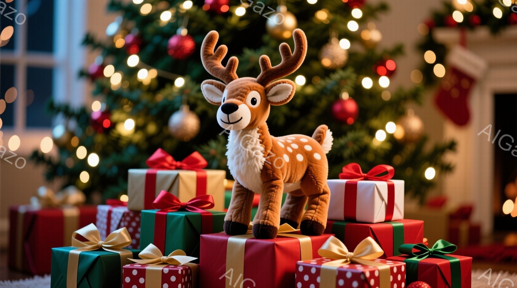 クリスマスツリーを背景に、プレゼントの山の上に置かれた、愛らしい子鹿のぬいぐるみがあります。ぬいぐるみは茶色と白の斑点模様で、大きな目と穏やかな表情をしています。背景にはぼやけたクリスマスツリーのライ - AI生成フリー素材