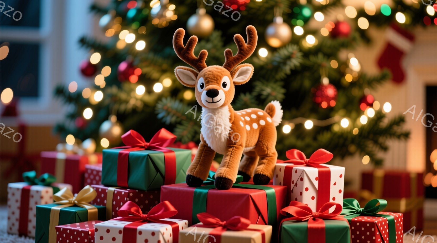 ぬいぐるみのような茶色のシカが、赤と緑のラッピングされたプレゼントの山の上に立っています。背景には、ぼやけたクリスマスツリーと、キラキラと光る暖かい色のライトが見え、お祝いの雰囲気を醸し出しています。全体的に、温かく、穏やかで、幸せなクリスマスの雰囲気が感じられます。