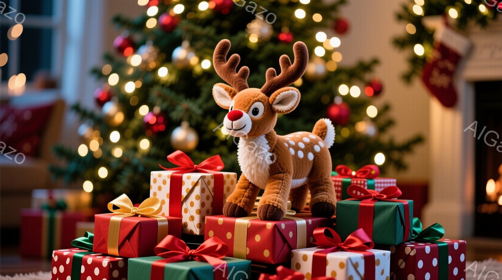 クリスマスツリーの前には、赤と緑の包装紙でラッピングされたプレゼントの山が積み上げられています。その上に、可愛らしいトナカイのぬいぐるみがお座りしており、赤い鼻が特徴的です。背景にはぼやけたクリスマス - AI生成フリー素材