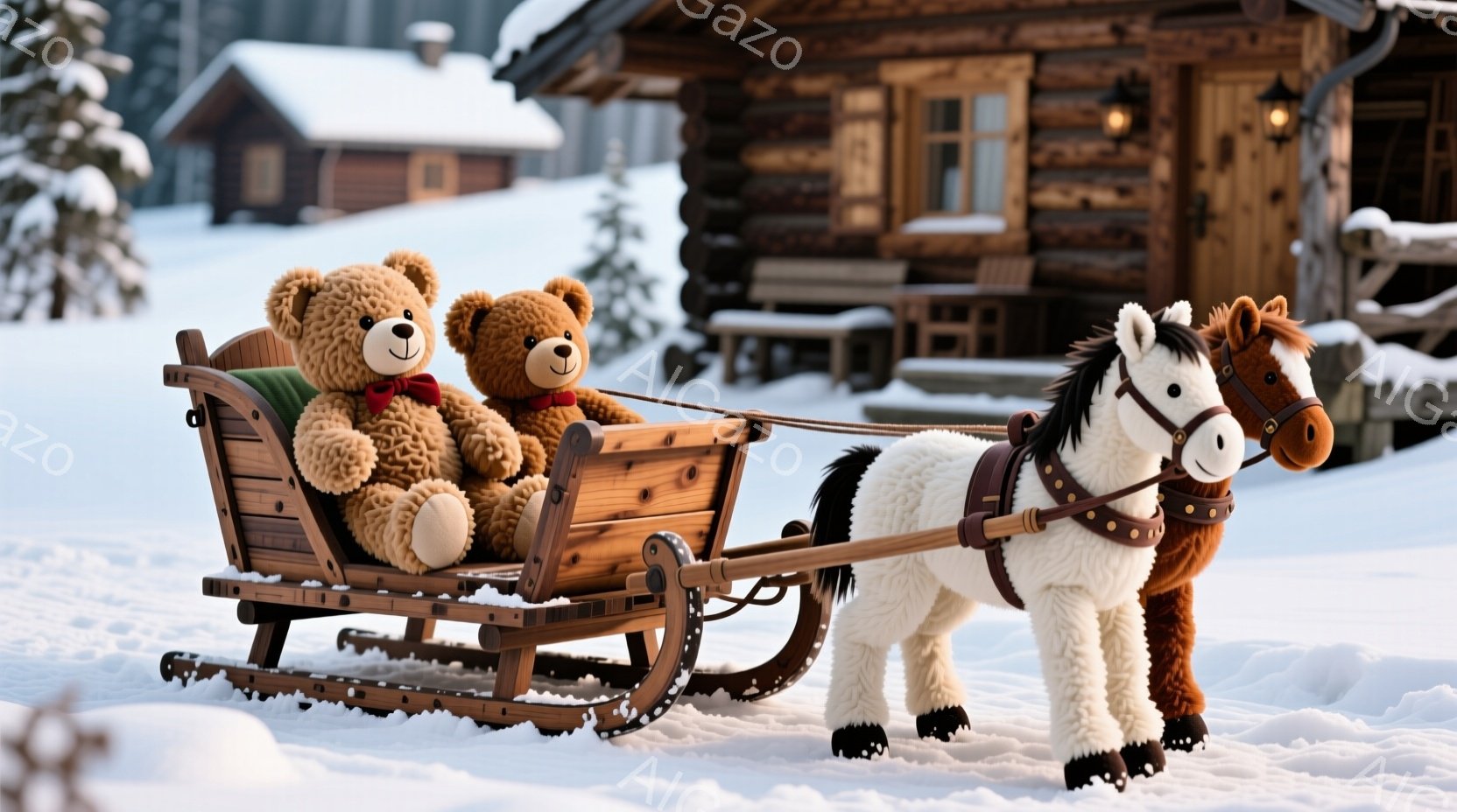 ぬいぐるみのかわいい茶色のクマが、赤いリボンを首に巻いて、木製のそりに座っています。白い馬のぬいぐるみは、そりを引いており、雪景色の中をゆっくりと進んでいるようです。背景にはログハウスが見え、雪が降る - AI生成フリー素材
