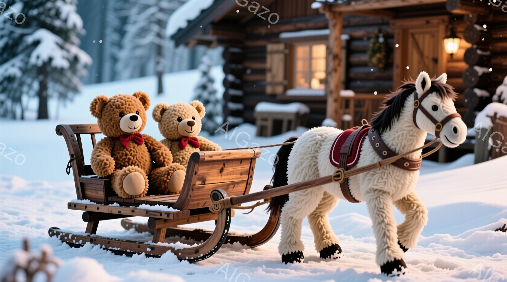 雪が降り積もる冬の風景の中に、可愛らしいテディベアがソリに乗って、白い馬に引かれている様子が描かれています。馬は赤い鞍をつけており、雪の中をゆっくりと進んでいます。背景には、灯りのともる丸太小屋が見え - AI生成フリー素材