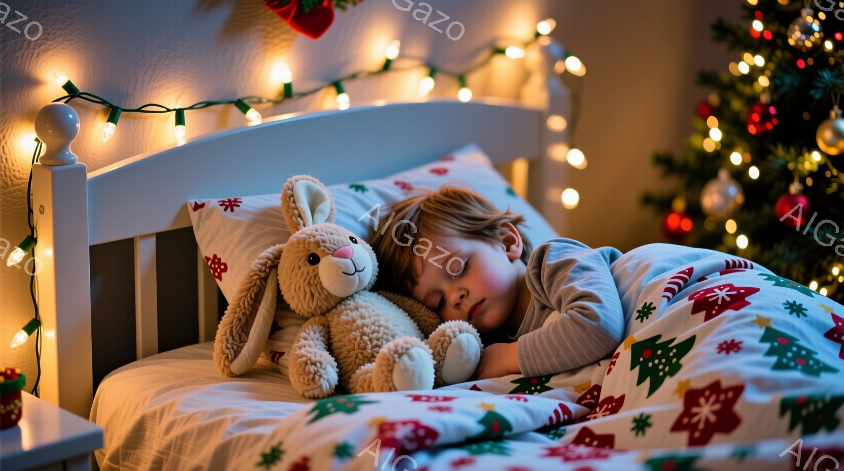 少年は白いベッドで眠っており、腕には大きなふわふわのウサギのぬいぐるみが抱かれています。ベッドには緑と赤のクリスマスの柄のシーツが敷かれており、背景にはクリスマスツリーがぼんやりと見え、温かい光で照らされています。全体的に穏やかで、クリスマスの夜の安らかな雰囲気が漂っています。