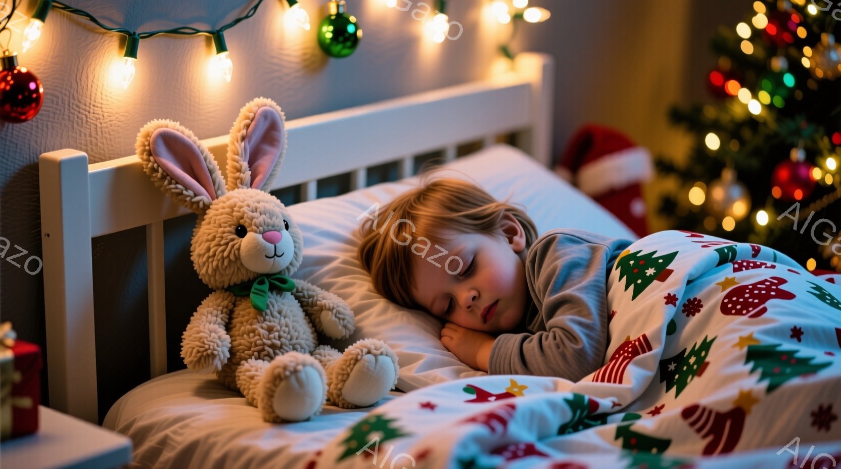 小さな男の子がベッドで眠っており、そばにはふわふわのうさぎのぬいぐるみが寄り添っています。男の子はグレーの長袖シャツとズボンを着用し、クリスマスの柄が描かれた毛布に包まれています。背景にはクリスマスツ - AI生成フリー素材