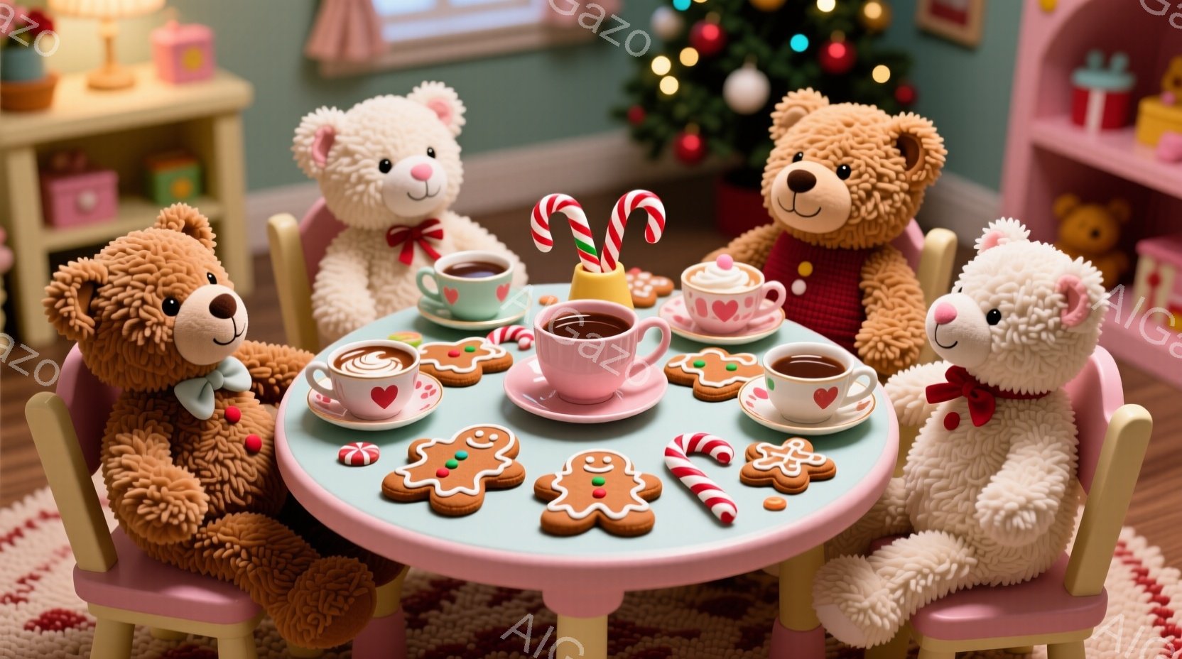 暖炉のある部屋で、四匹のテディベアがピンク色の丸いテーブルを囲んでティータイムを楽しんでいます。各ベアはそれぞれ異なる色のリボンや蝶ネクタイを身に着け、テーブルの上にはクッキーやキャンディケーン、ティーカップが並んでいます。背景にはクリスマスツリーや家具が見え、全体的に温かく、お祝いムードに満ちた雰囲気です。